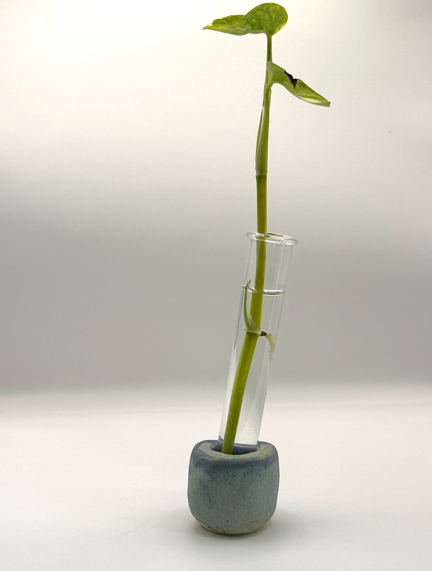 Handmade Ceramic Propagation Station – Minimalist Tube Vase with Blue Green Stoneware Base, Modern Plant Décor