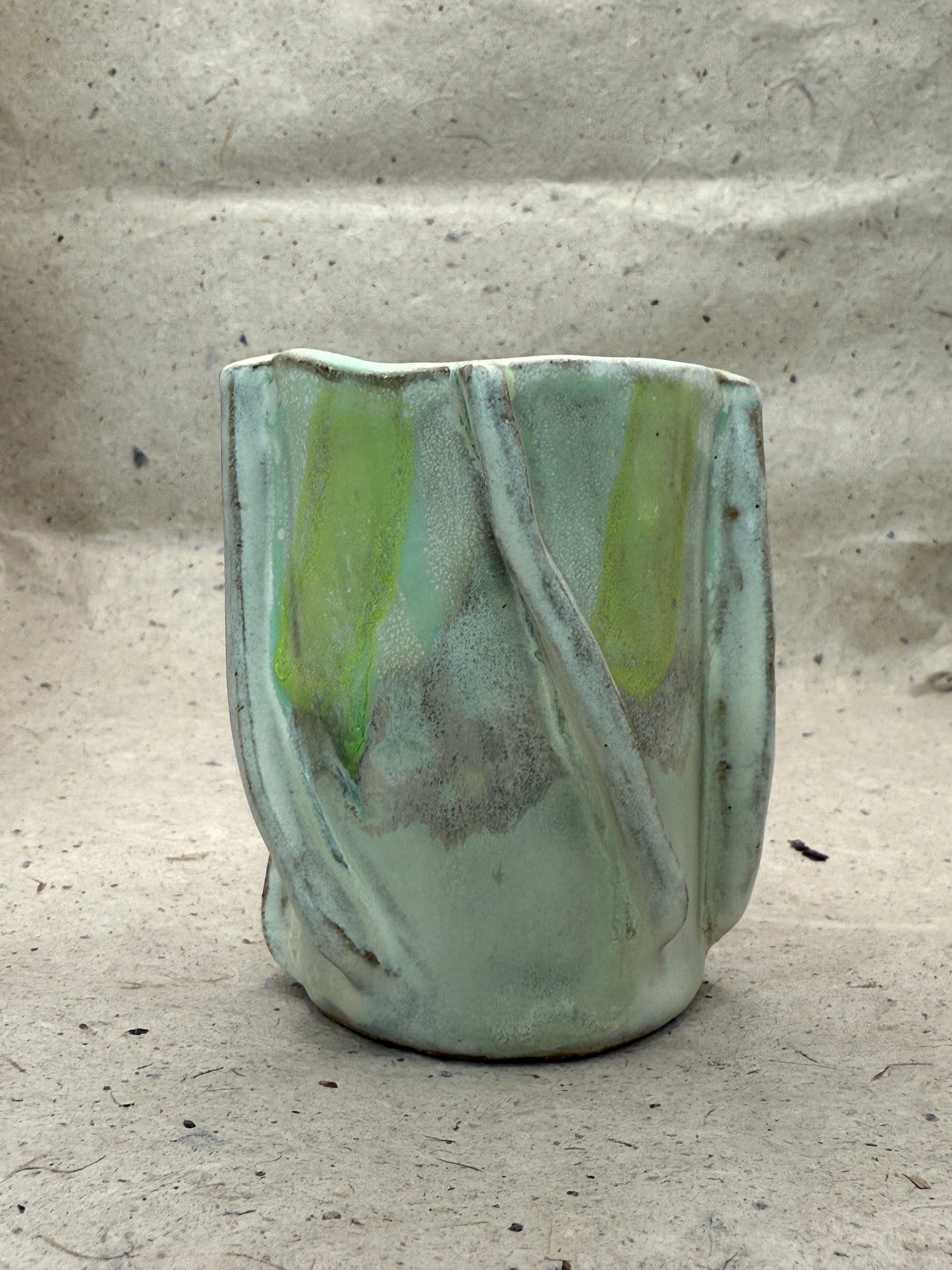 Handmade Ceramic Vessel – Lime Green Accent Pottery, Sculptural Wavy Form, Modern Stoneware Home Décor