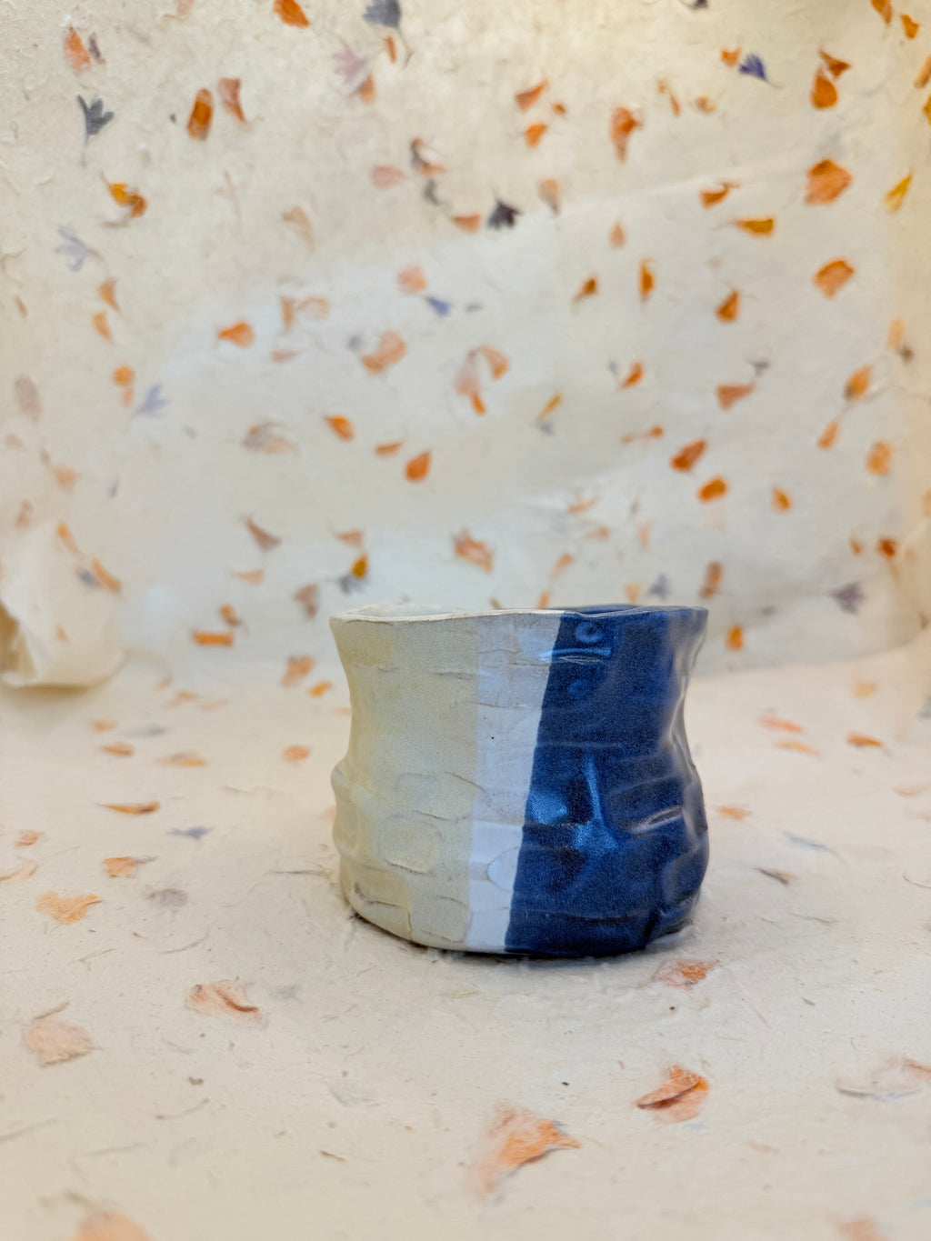 Handmade Ceramic Cup – Blue & Cream Wavy Pottery Vessel, Organic Textured Mug Alternative, Small Planter or Desk Accessory