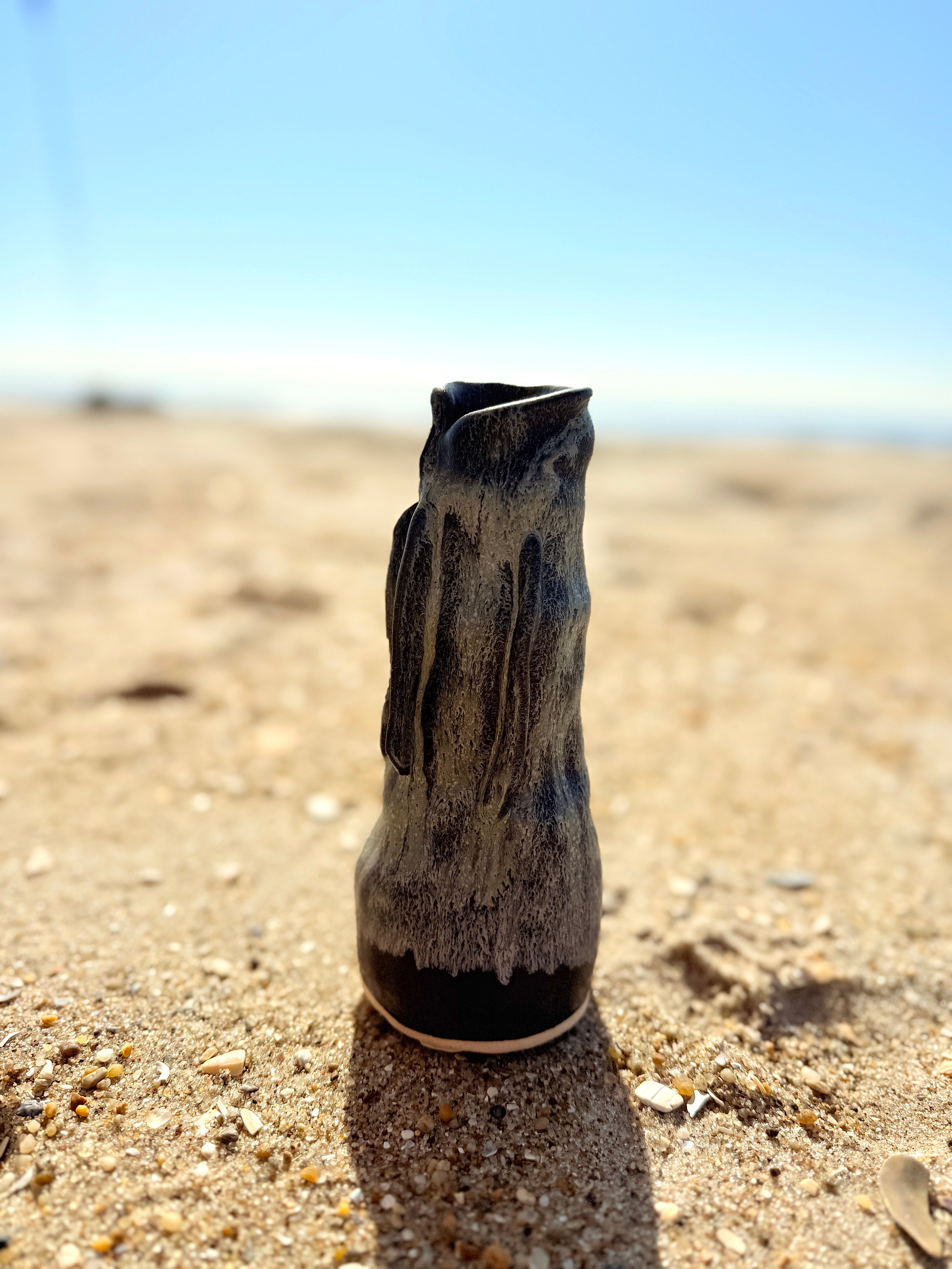 Tall Skinny Moody Blue and Green Cream Ceramic Vase – Handmade Textured Vessel