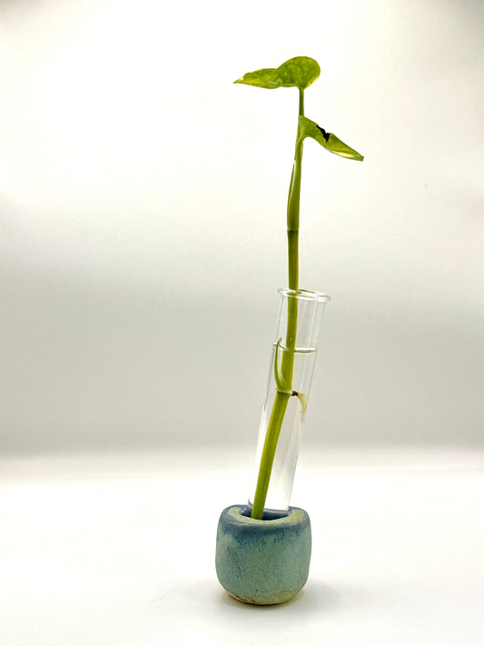 Handmade Ceramic Propagation Station – Minimalist Tube Vase with Blue Green Stoneware Base, Modern Plant Décor