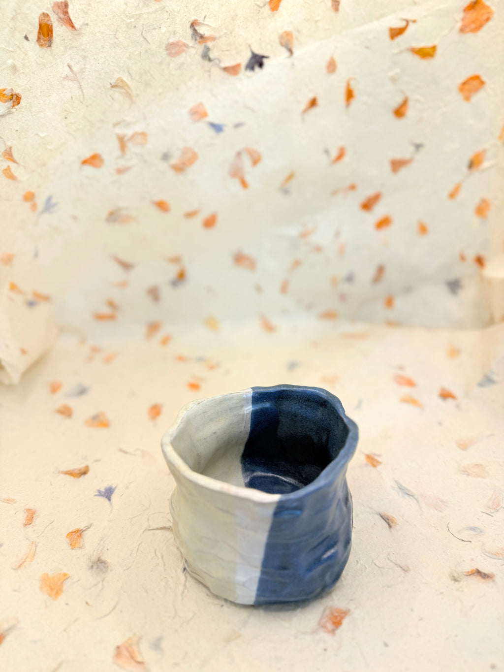 Handmade Ceramic Cup – Blue & Cream Wavy Pottery Vessel, Organic Textured Mug Alternative, Small Planter or Desk Accessory