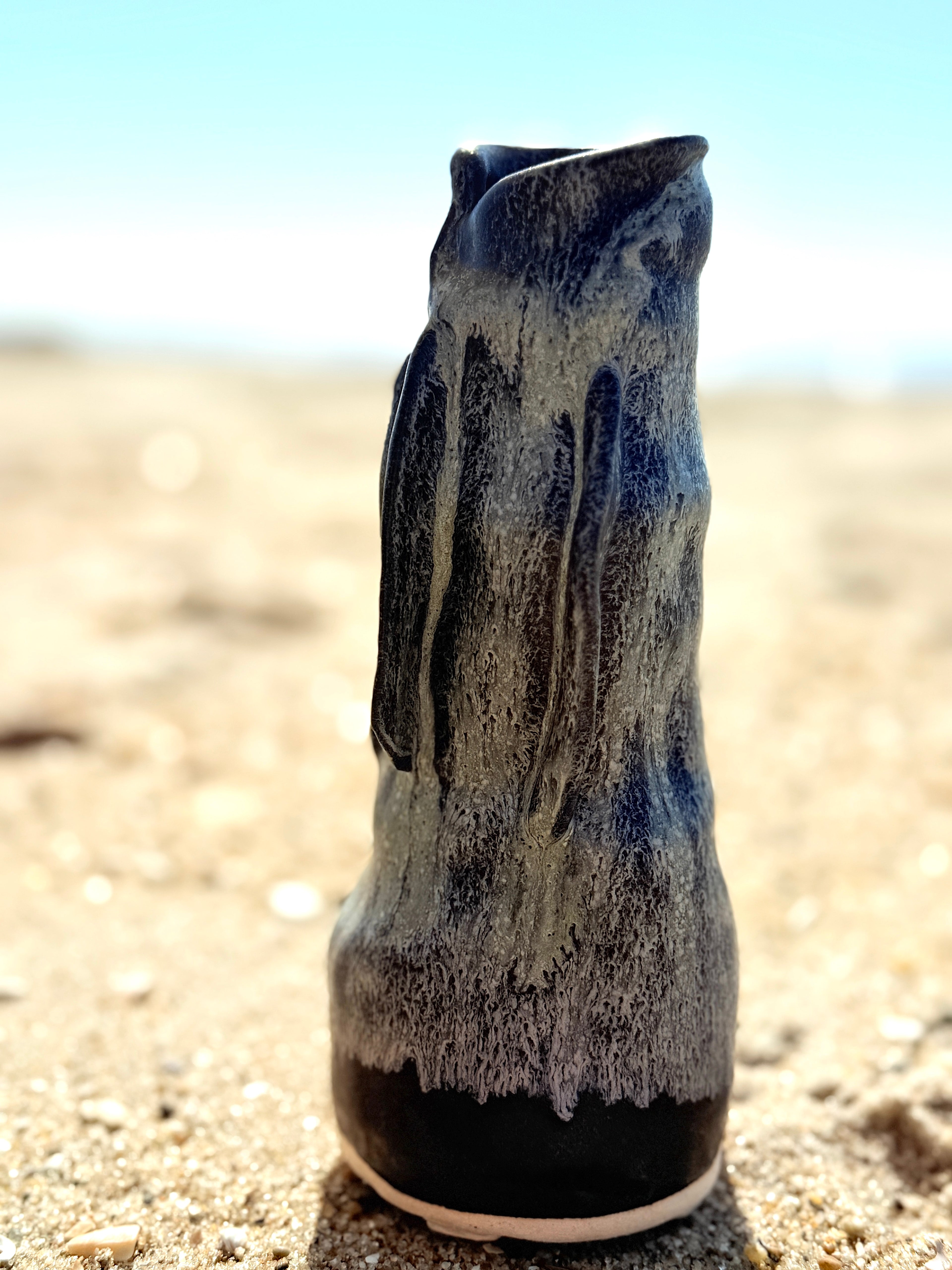 Tall Skinny Moody Blue and Green Cream Ceramic Vase – Handmade Textured Vessel