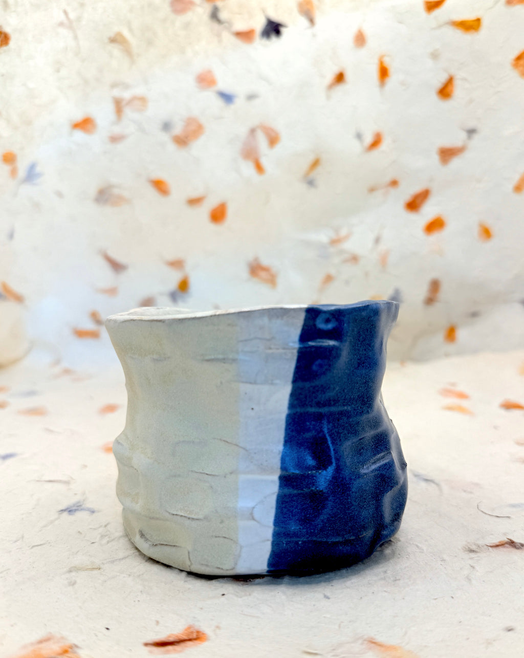 Handmade Ceramic Cup – Blue & Cream Wavy Pottery Vessel, Organic Textured Mug Alternative, Small Planter or Desk Accessory