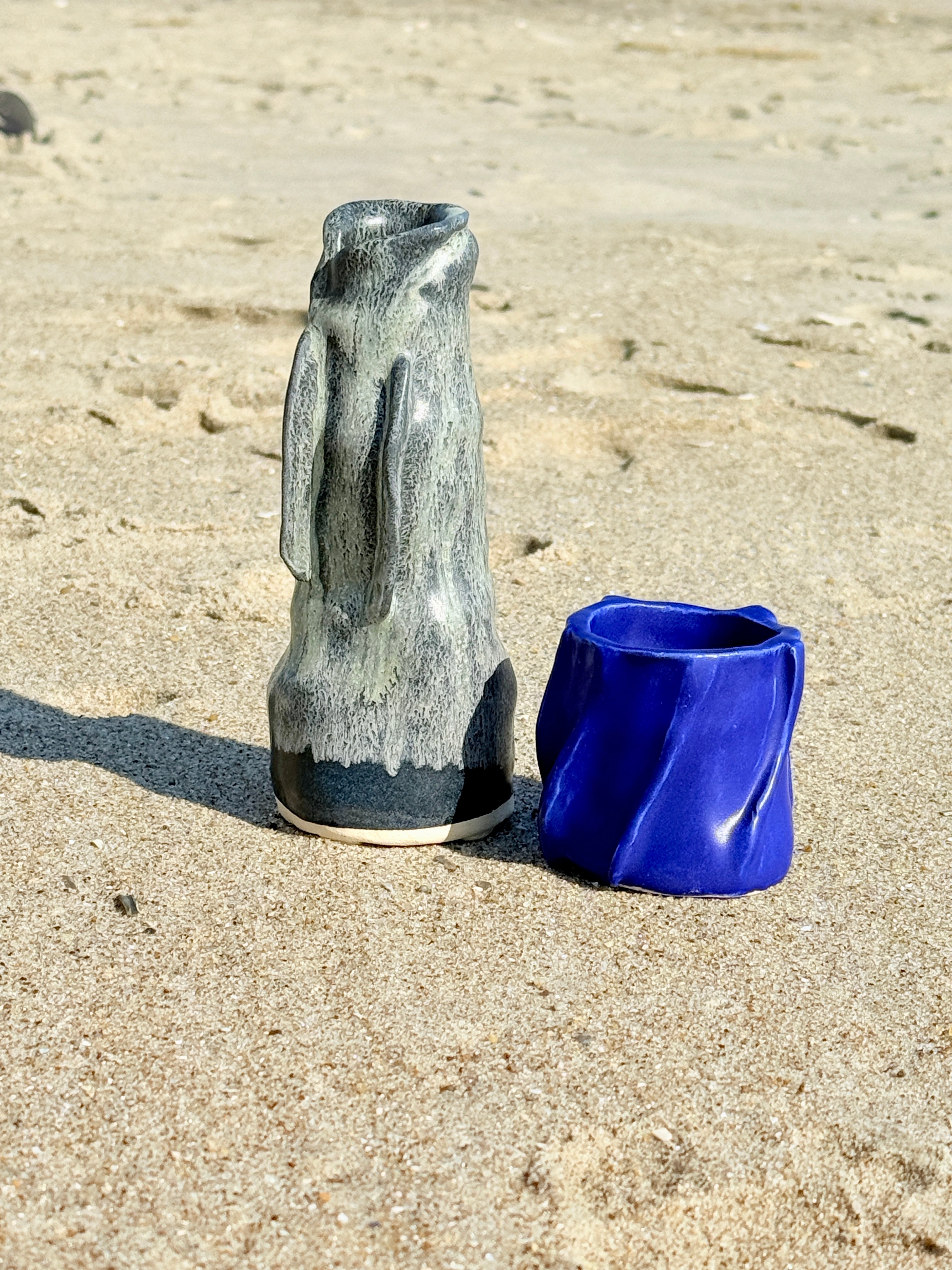 Tall Skinny Moody Blue and Green Cream Ceramic Vase – Handmade Textured Vessel