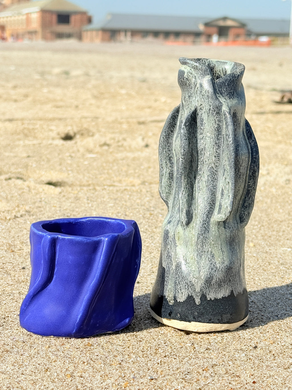 Tall Skinny Moody Blue and Green Cream Ceramic Vase – Handmade Textured Vessel