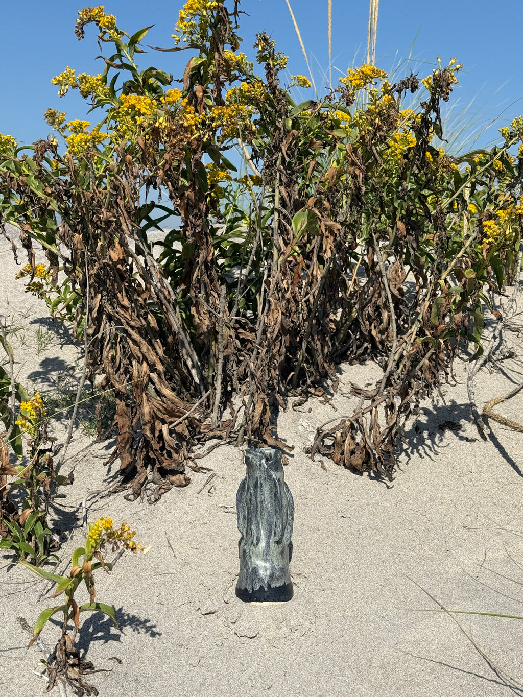 Tall Skinny Moody Blue and Green Cream Ceramic Vase – Handmade Textured Vessel