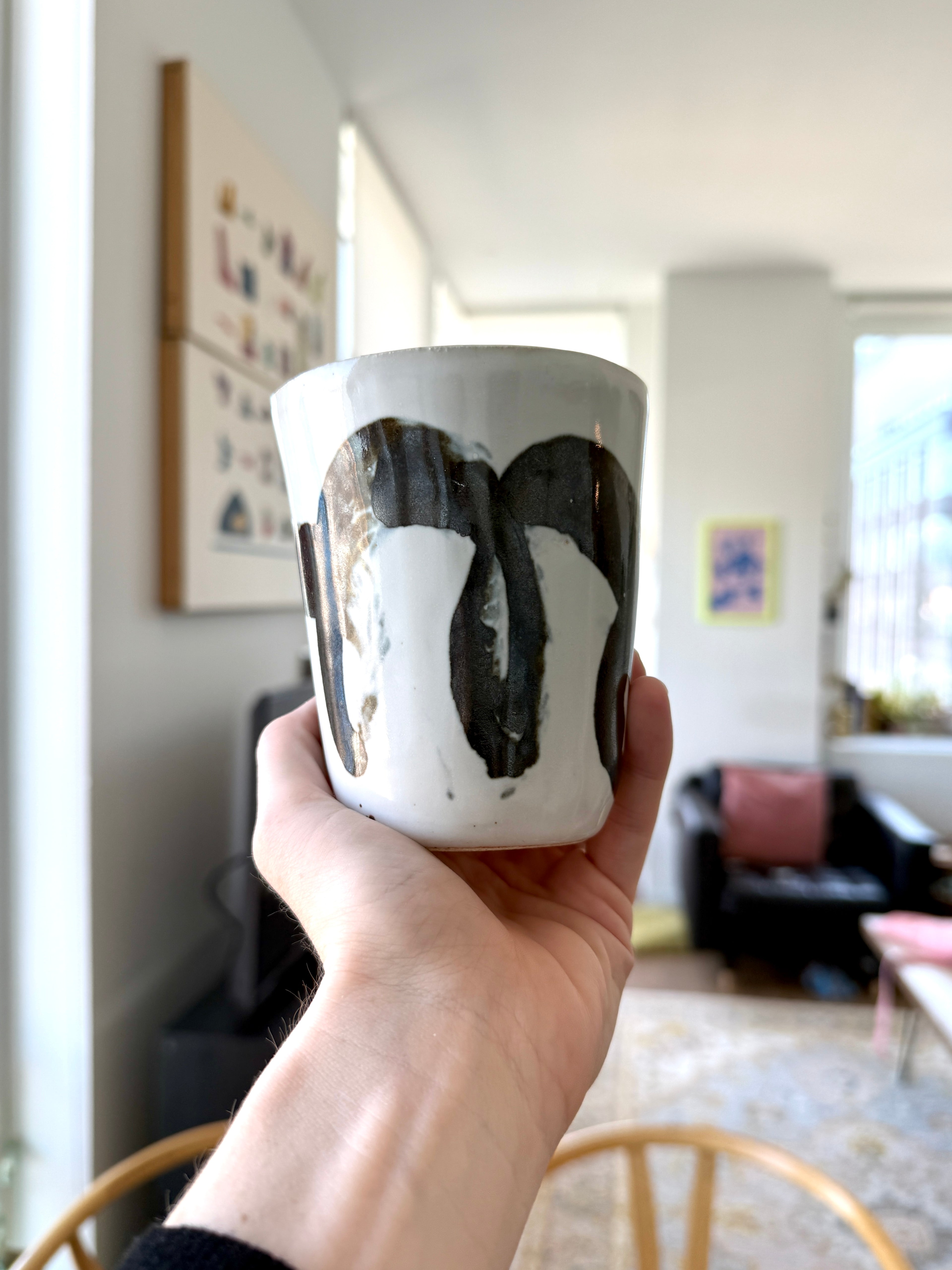 White & Black Brushstroke Ceramic Tumbler — Handbuilt Stoneware, 14.5 oz