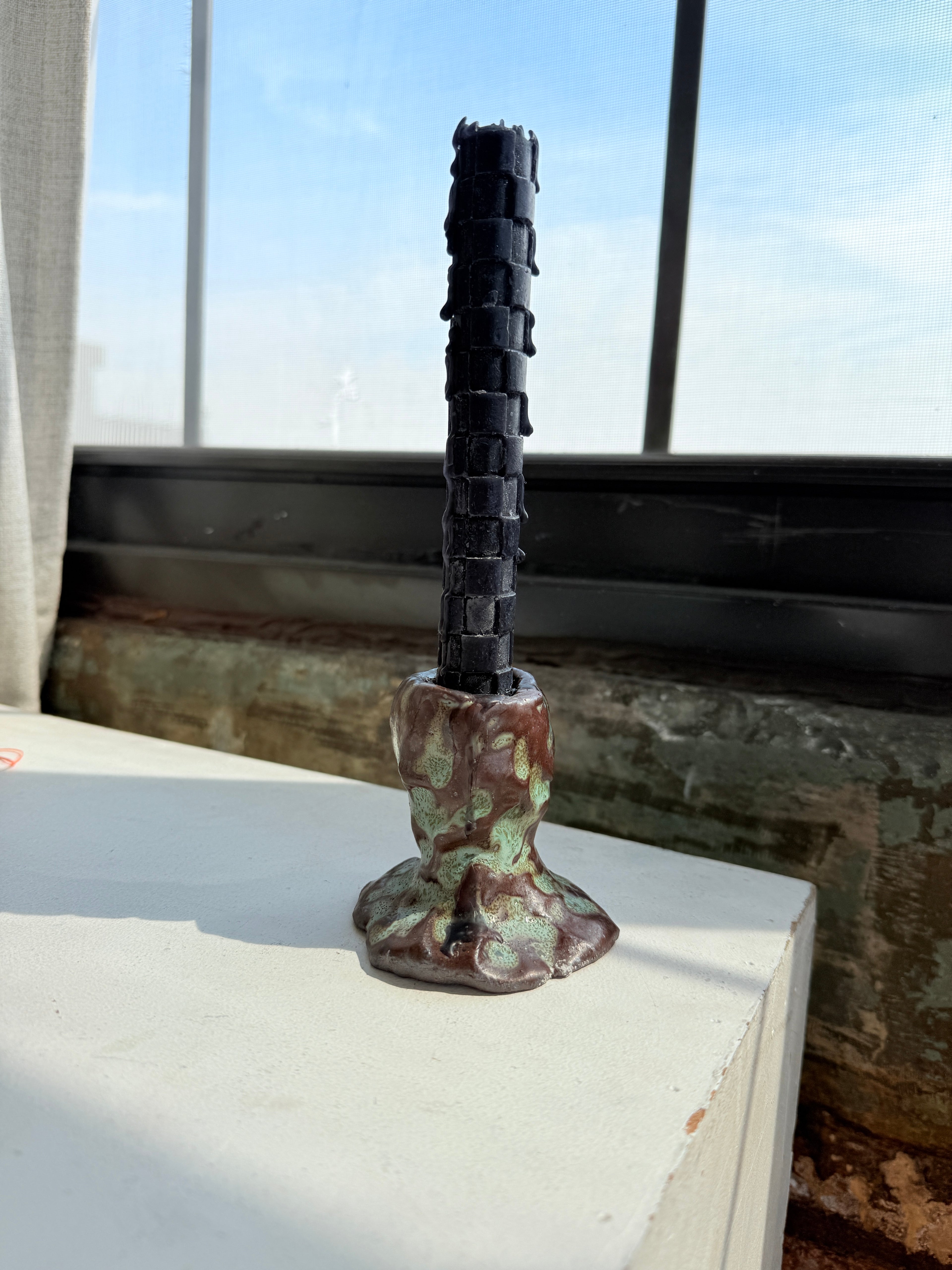 Brown & Green / Brown Ceramic Taper Candle Holder — Handbuilt Stoneware, Two Sizes