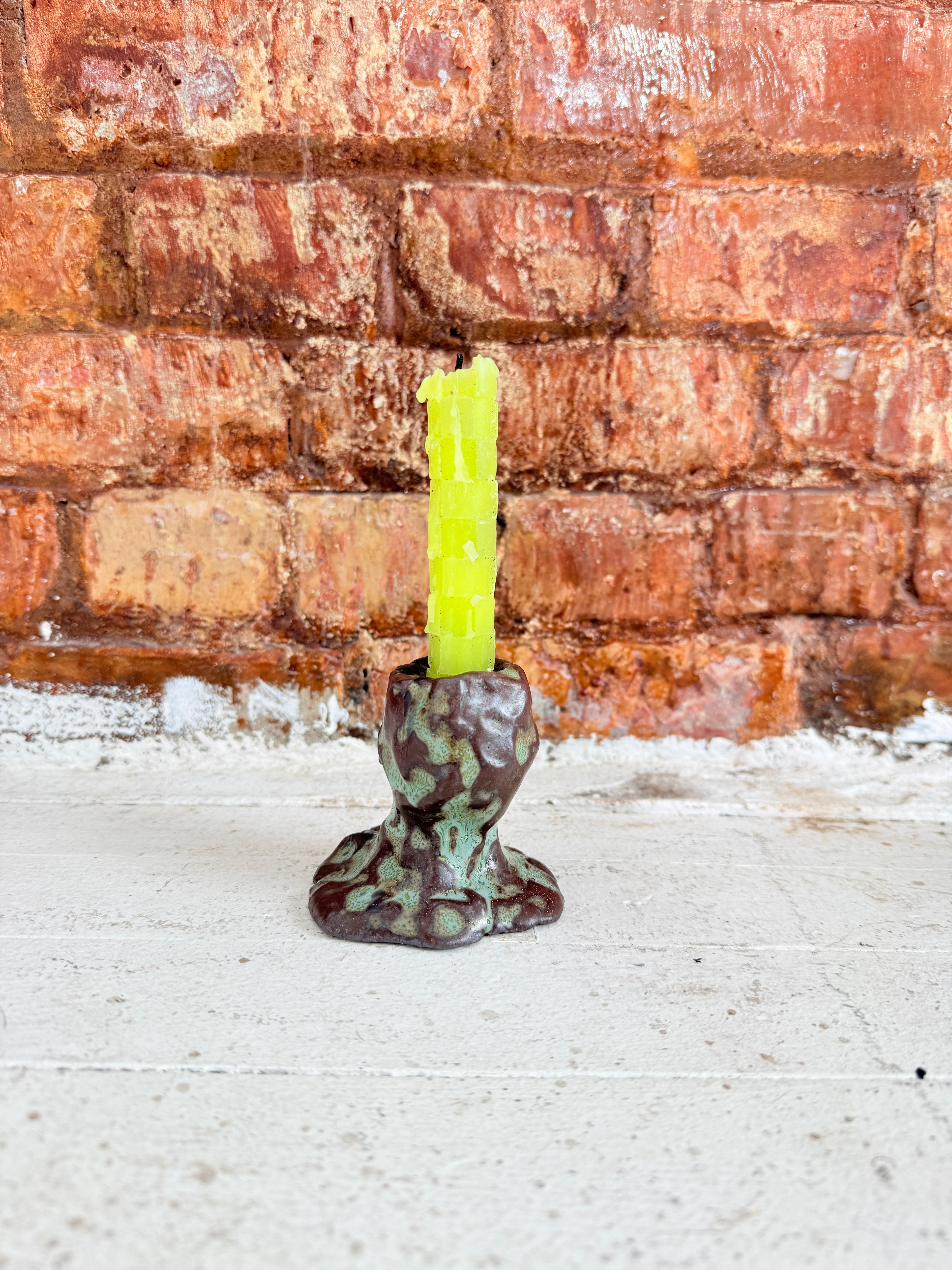 Brown & Green / Brown Ceramic Taper Candle Holder — Handbuilt Stoneware, Two Sizes