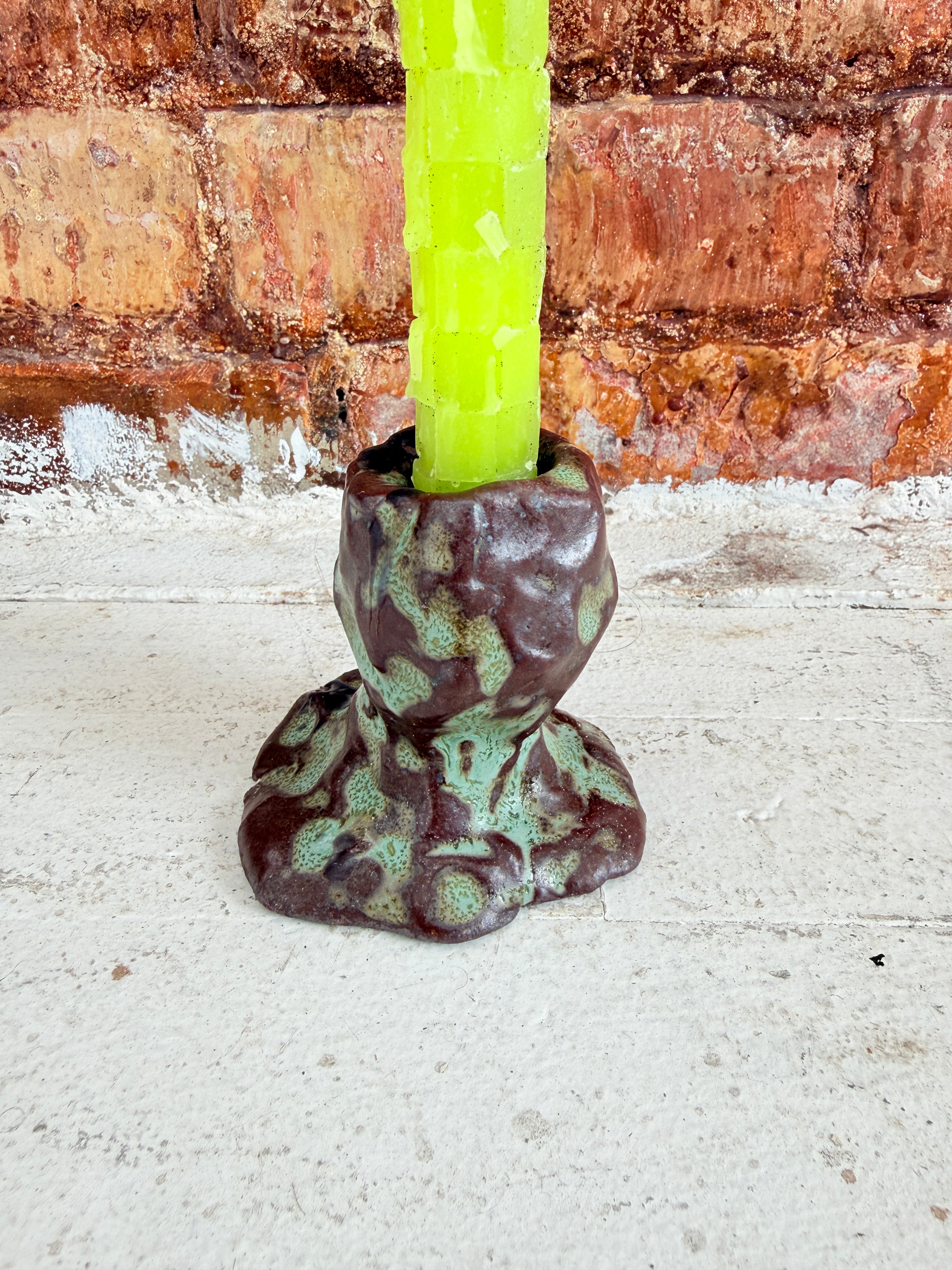 Brown & Green / Brown Ceramic Taper Candle Holder — Handbuilt Stoneware, Two Sizes