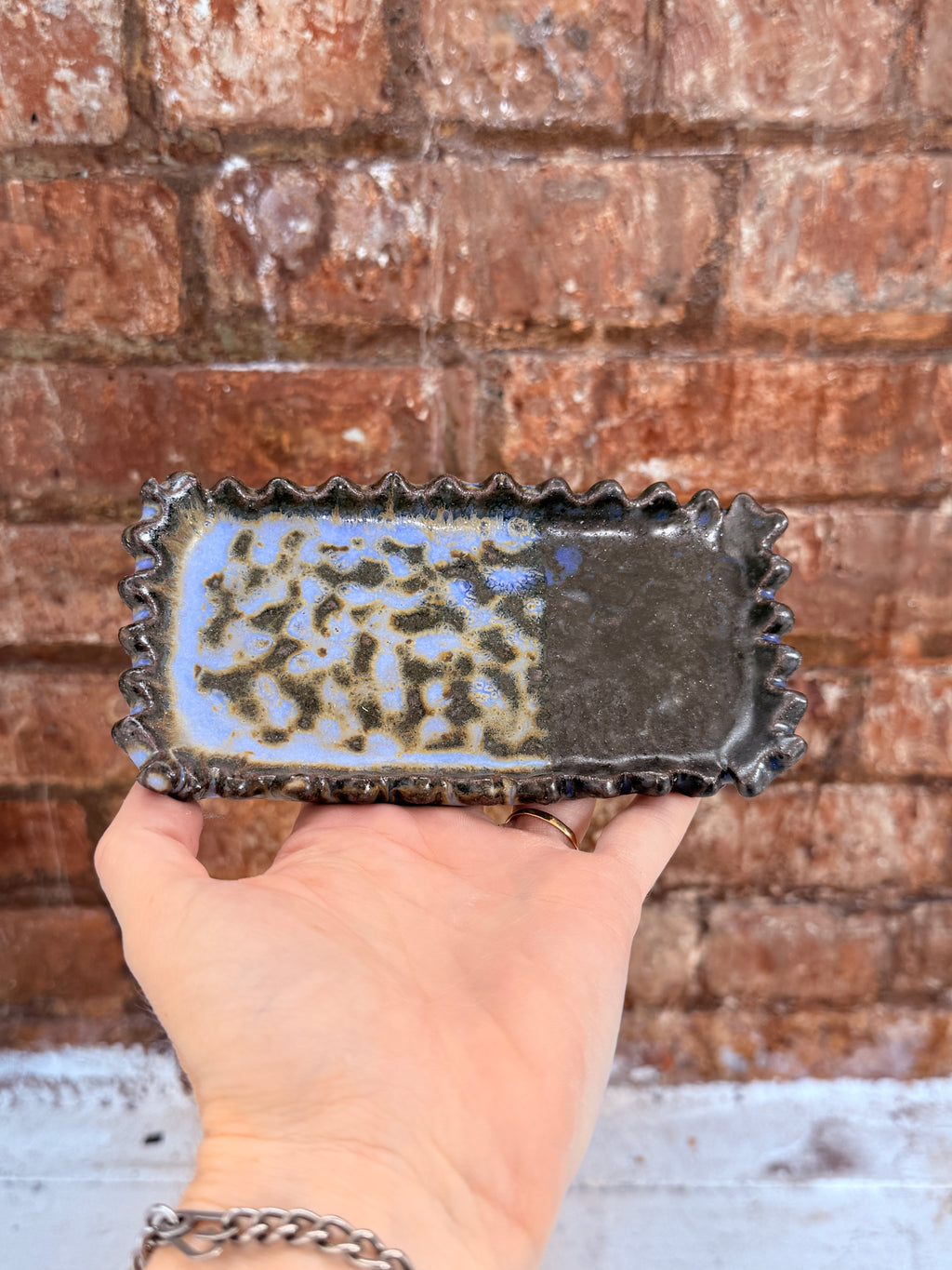 Metallic & Purple Ceramic Trinket Tray — Handbuilt Stoneware with Spiked Rim