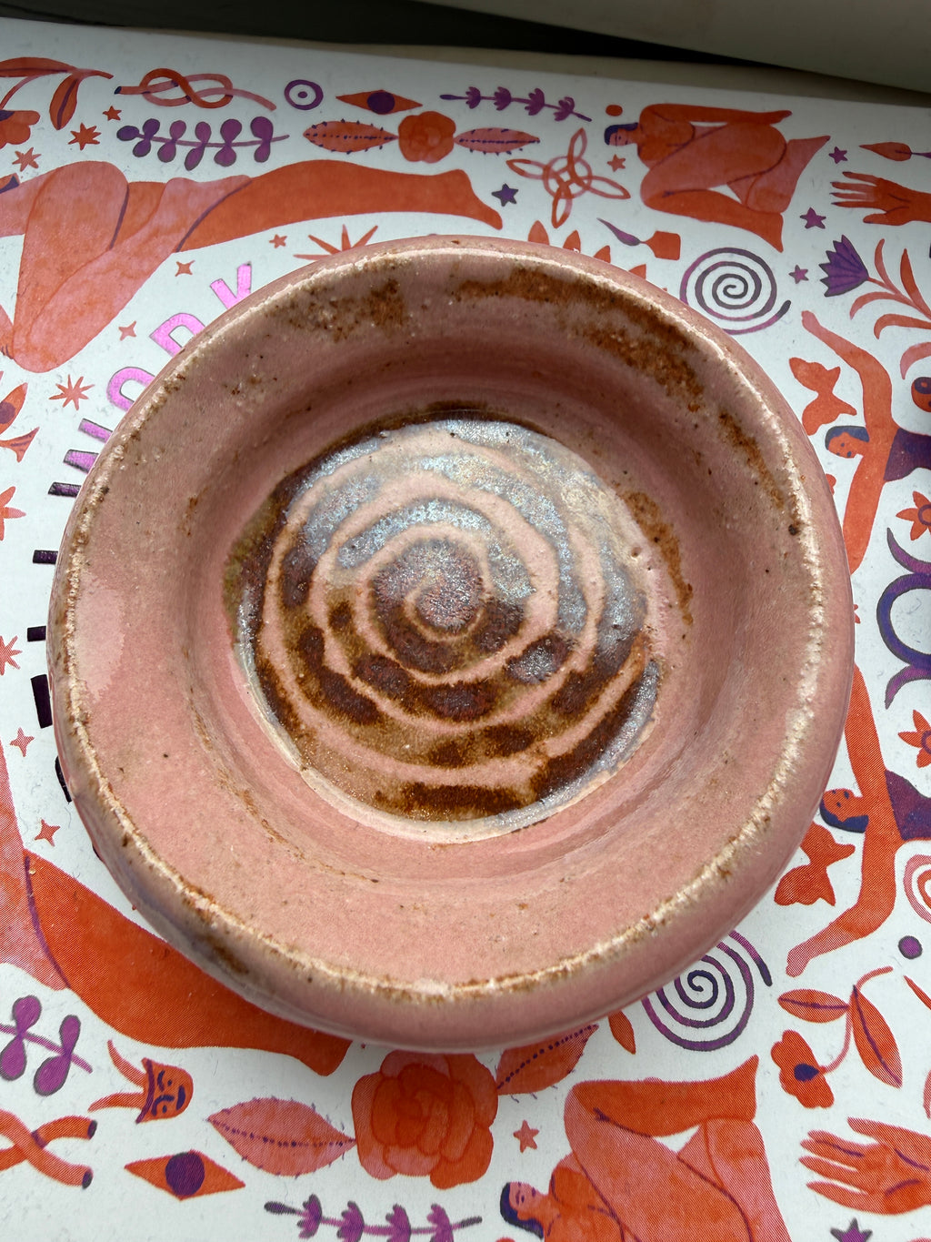 Pink Ceramic Mini Dish — Handbuilt Stoneware, Incense Holder or Swirl Trinket