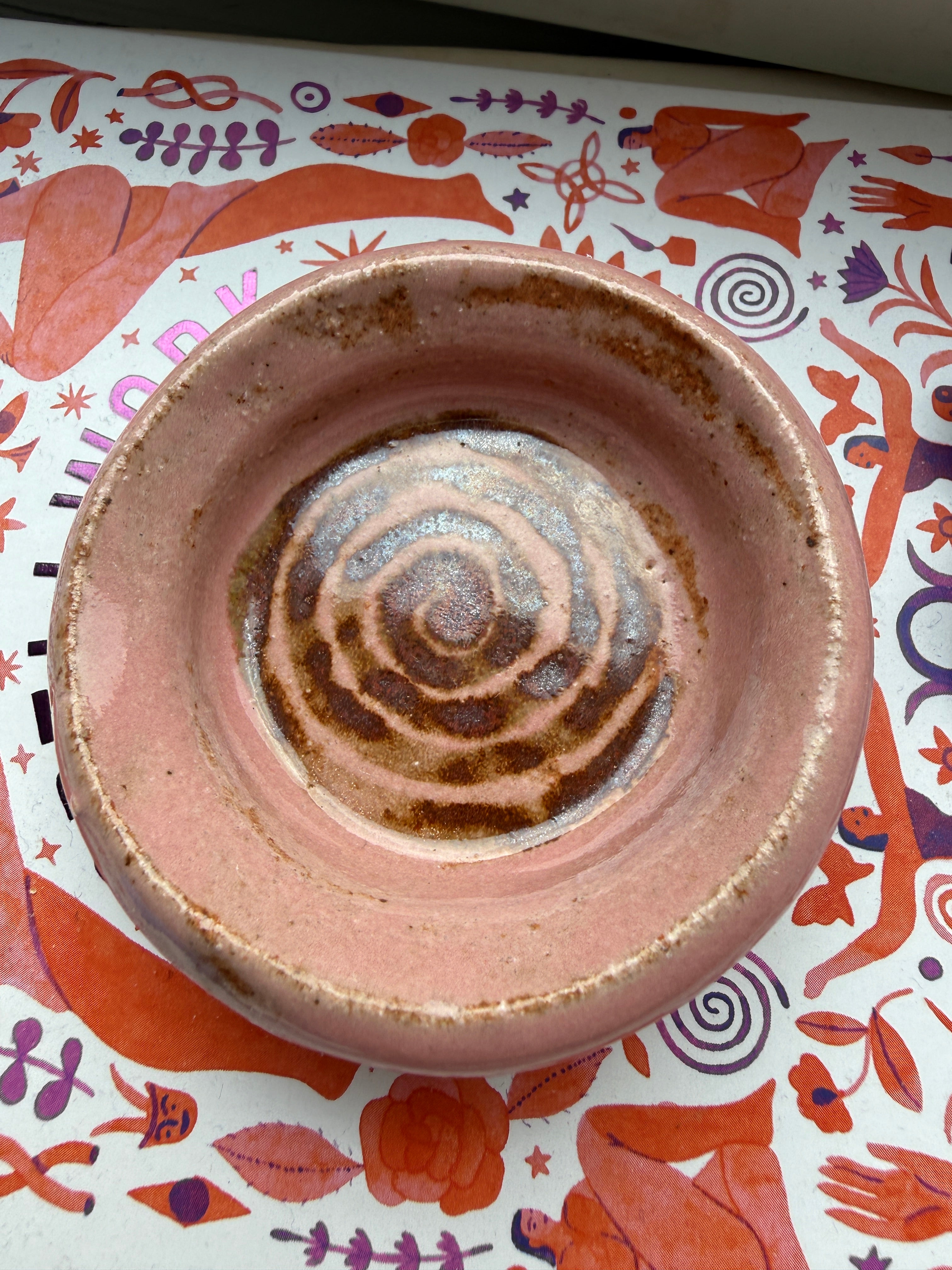 Pink Ceramic Mini Dish — Handbuilt Stoneware, Incense Holder or Swirl Trinket