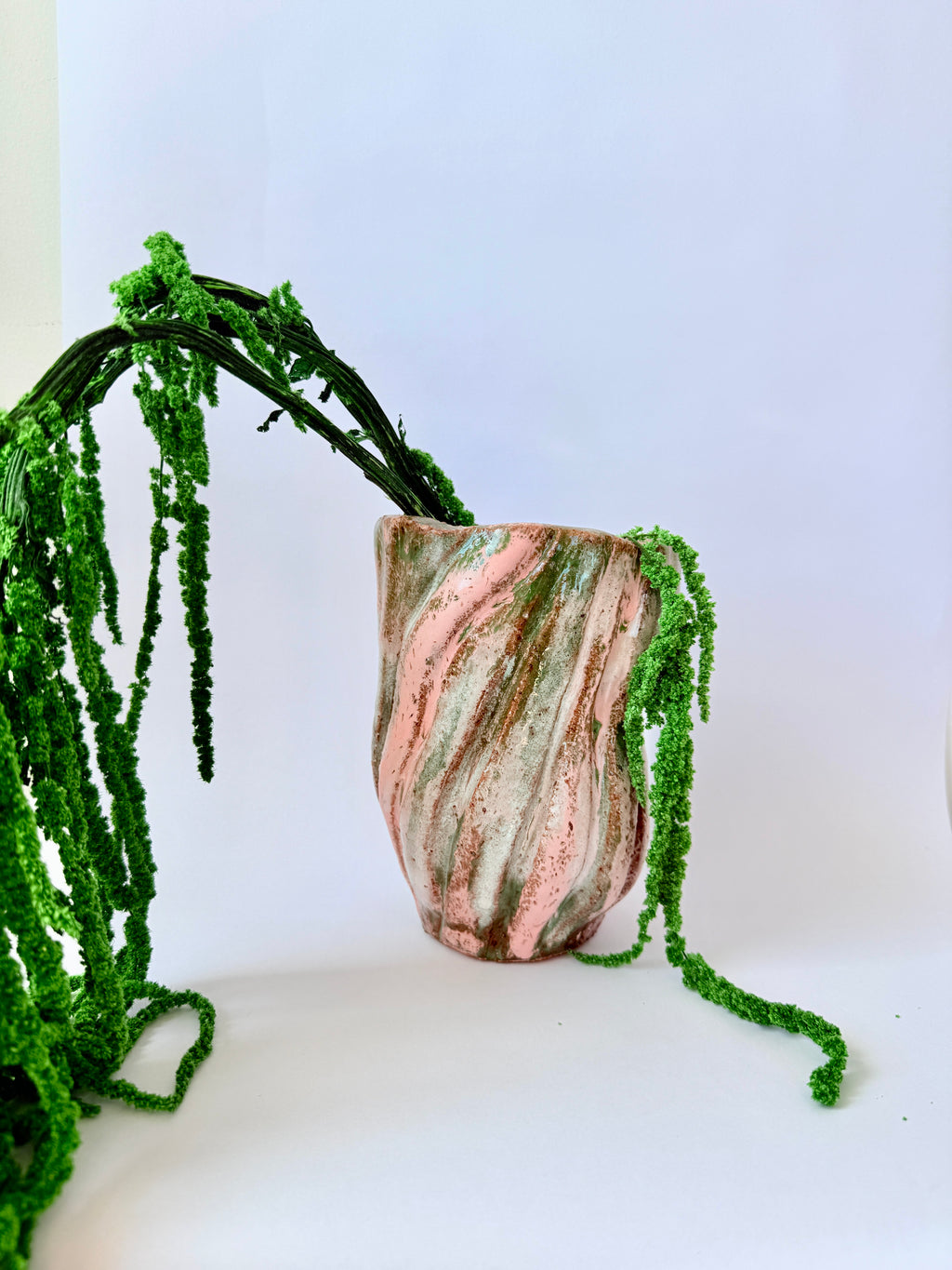 Pink & Green Stripe Ceramic Vase — Large Handbuilt Stoneware Statement Piece