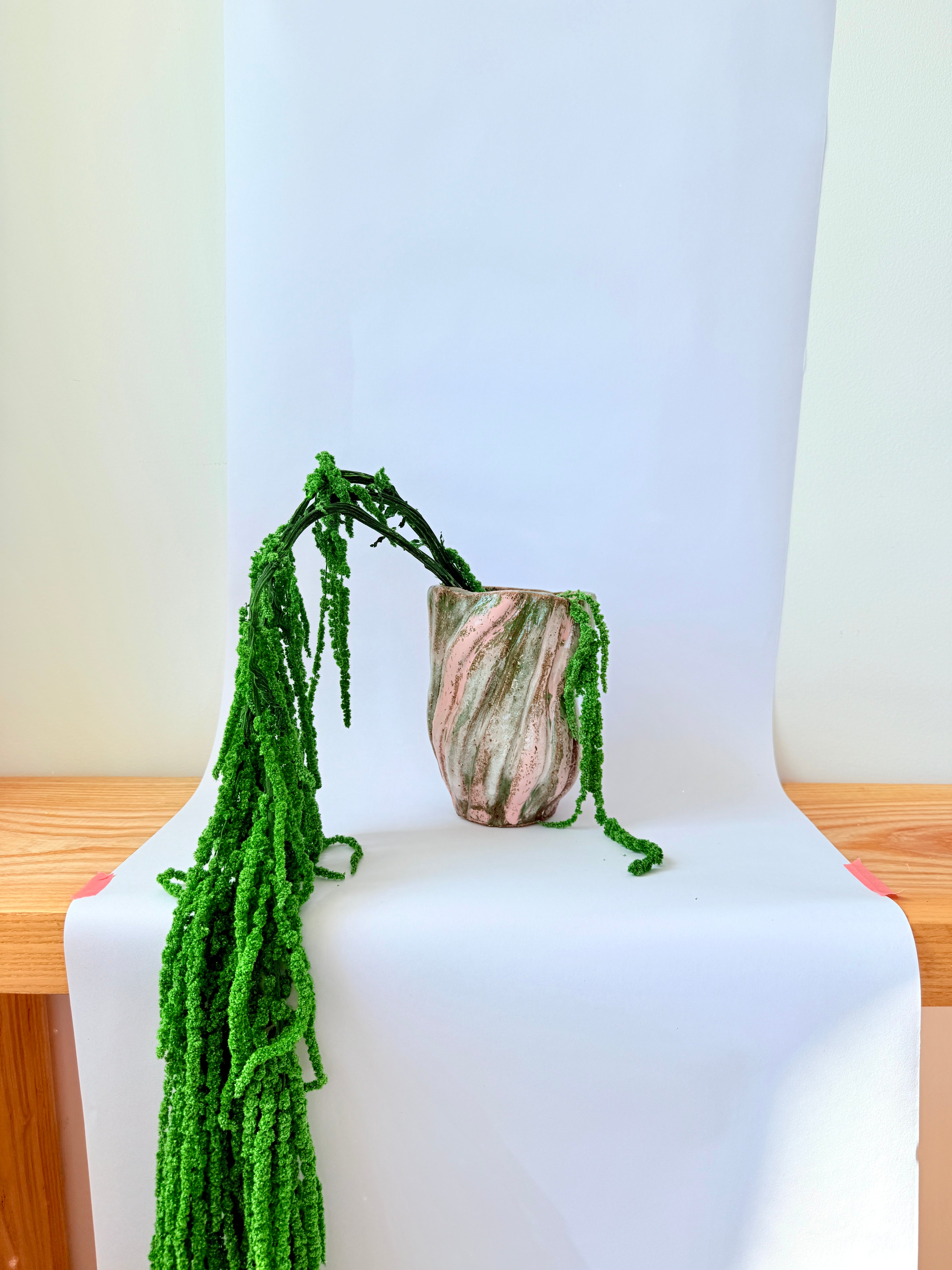 Pink & Green Stripe Ceramic Vase — Large Handbuilt Stoneware Statement Piece