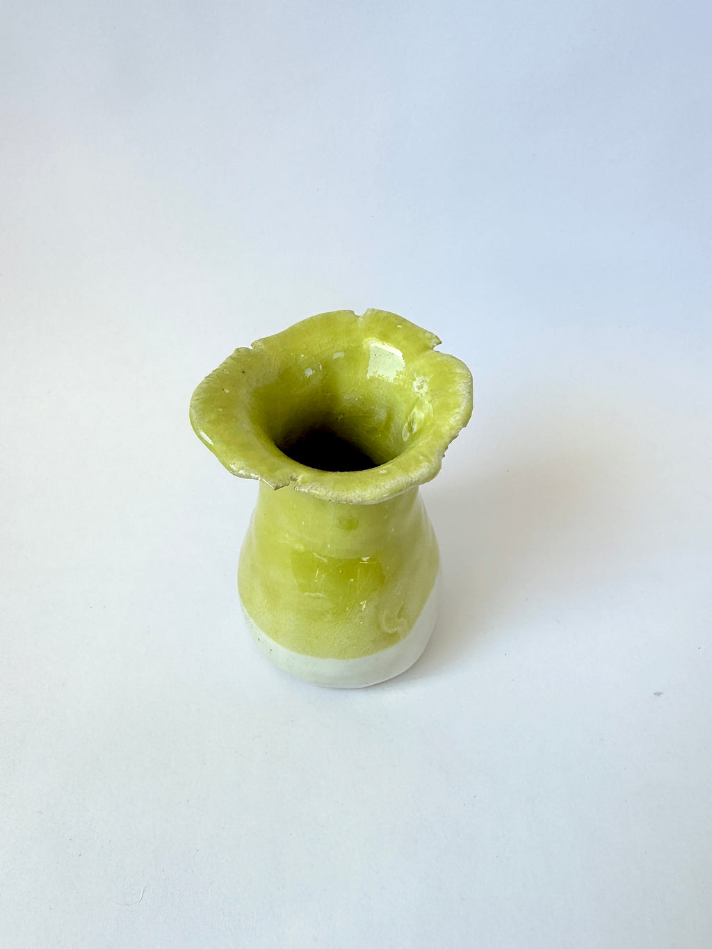 Chartreuse & White Ceramic Bud Vase — Handbuilt Stoneware with Flared Rim