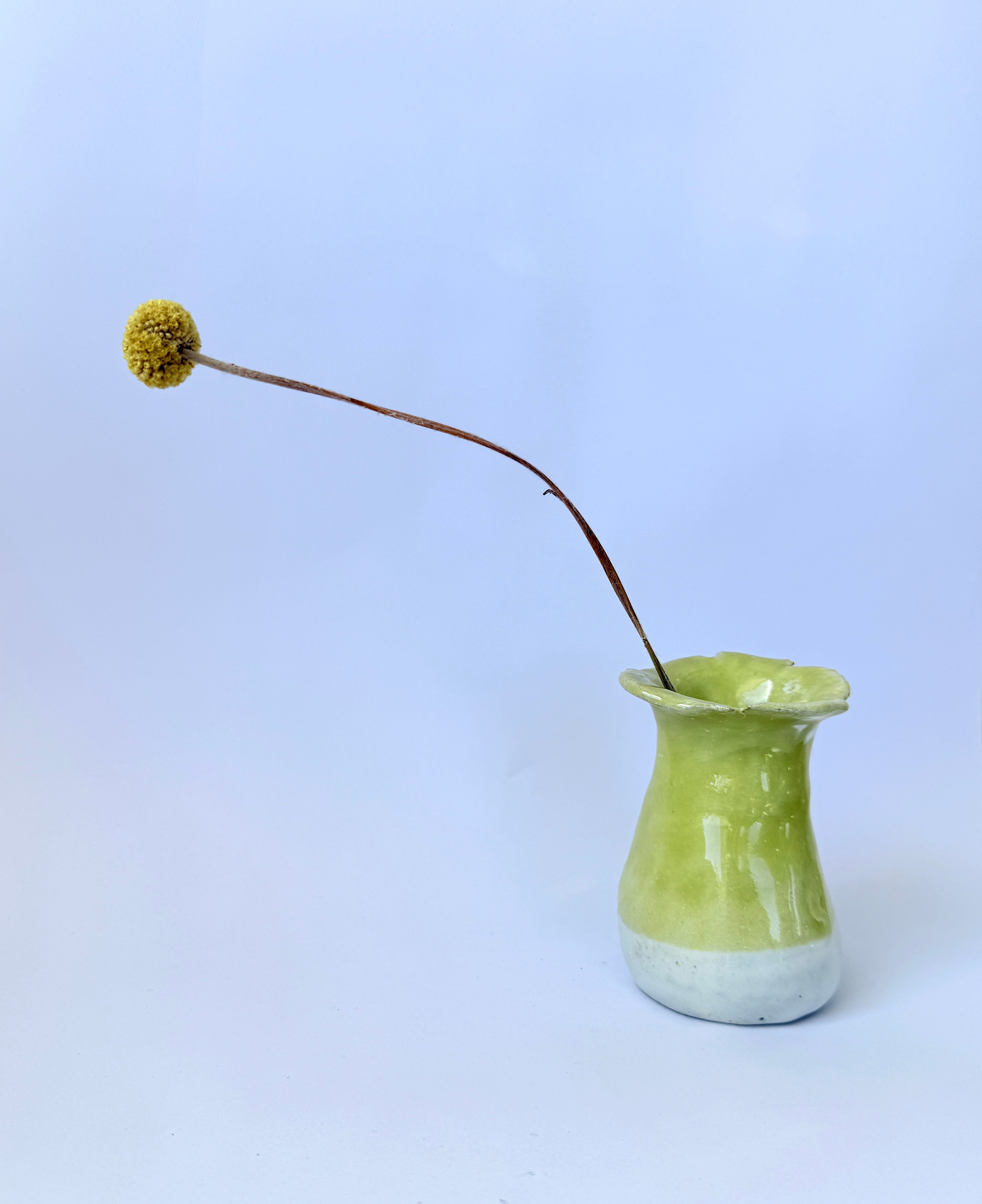Chartreuse & White Ceramic Bud Vase — Handbuilt Stoneware with Flared Rim