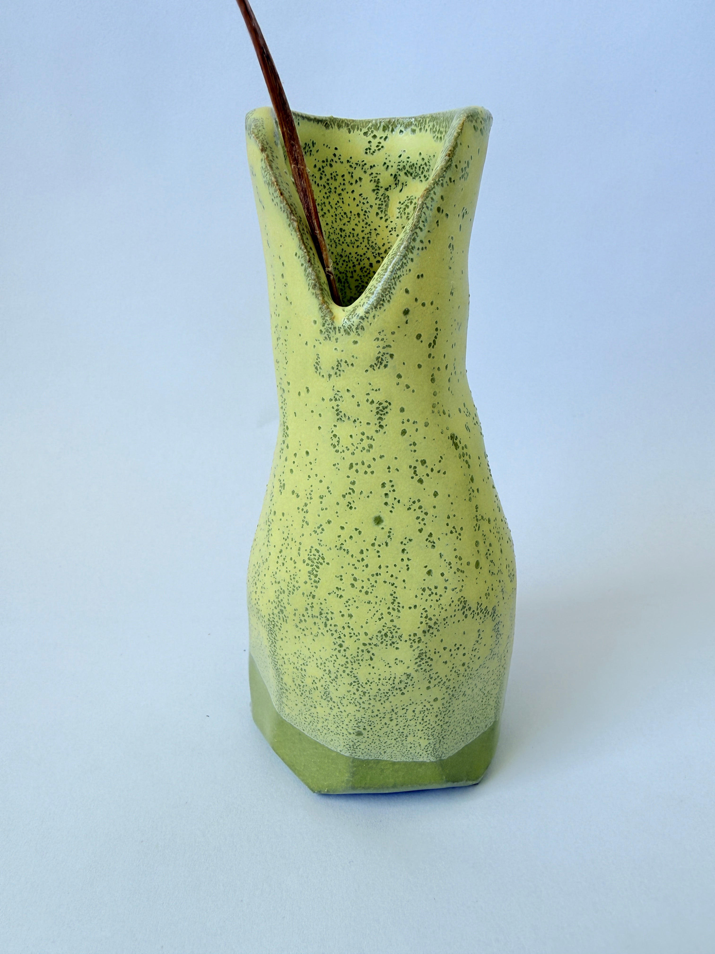 Speckled Green Ceramic V-Neck Vase — Handbuilt Stoneware Bud Vase