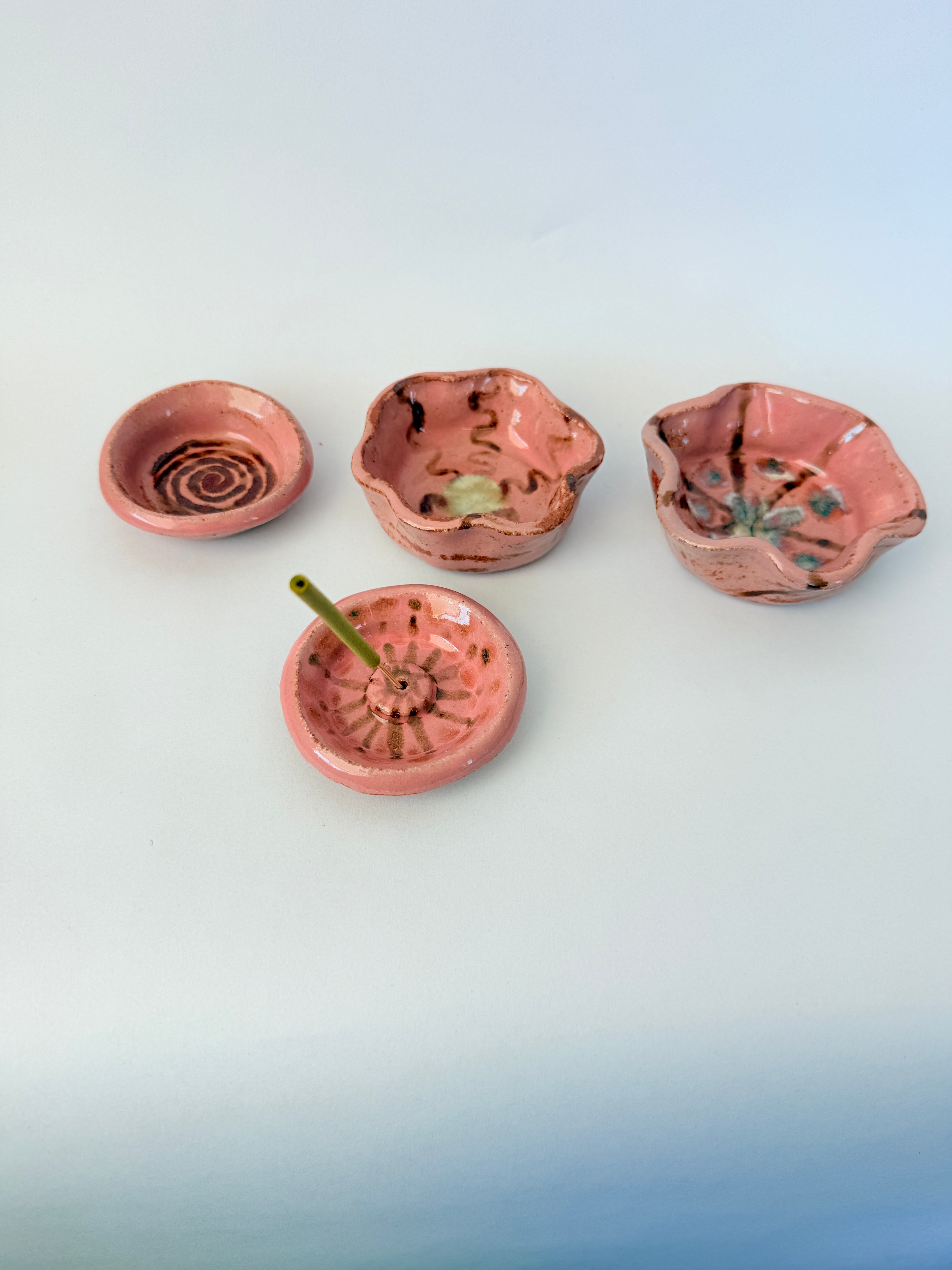 Pink Petal Ceramic Trinket Dish — Handbuilt Stoneware, Swirl or Floral Pattern