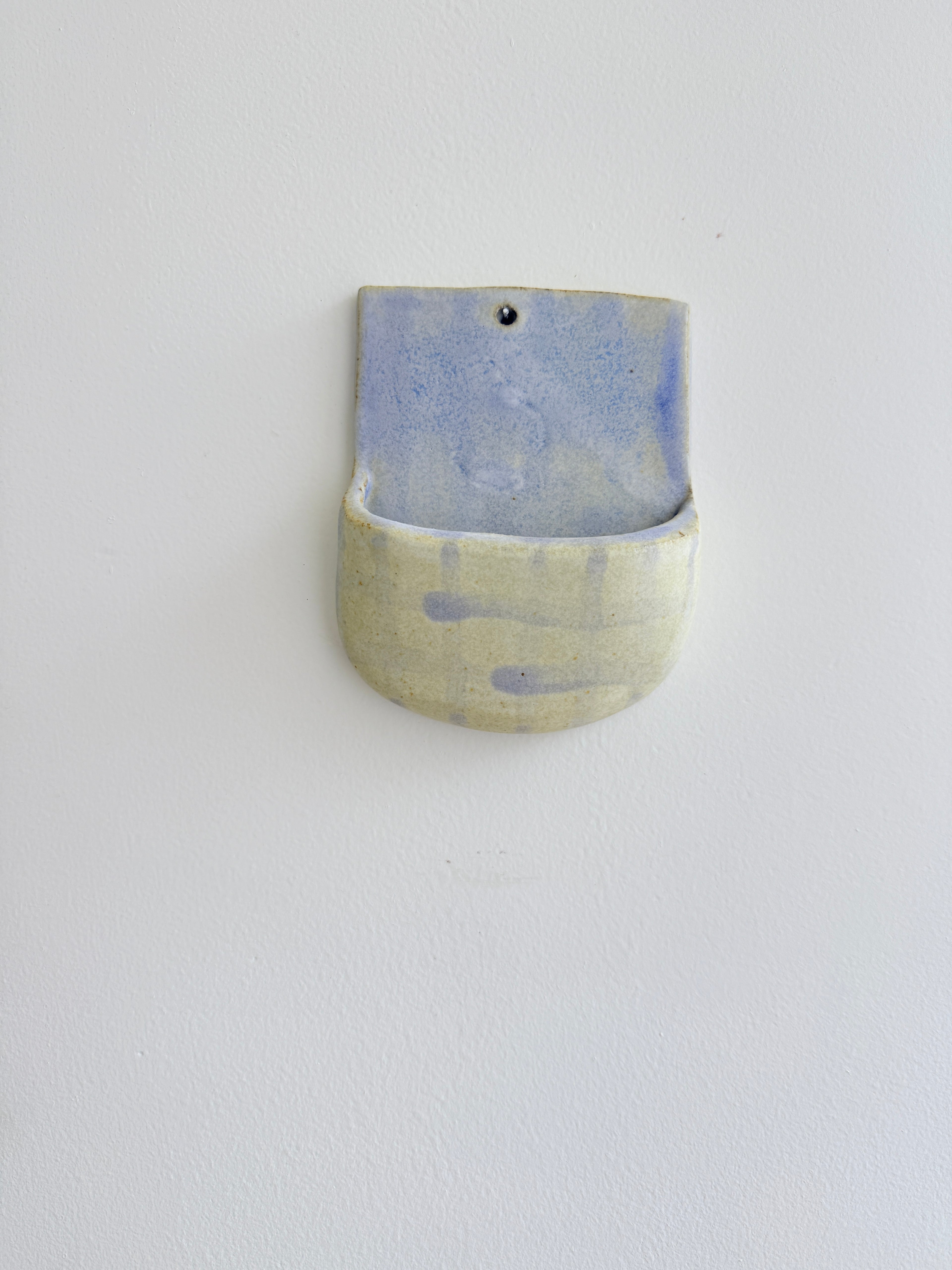 Blue & Cream Ceramic Wall Pocket — Handbuilt Stoneware Hanging Planter or Organizer