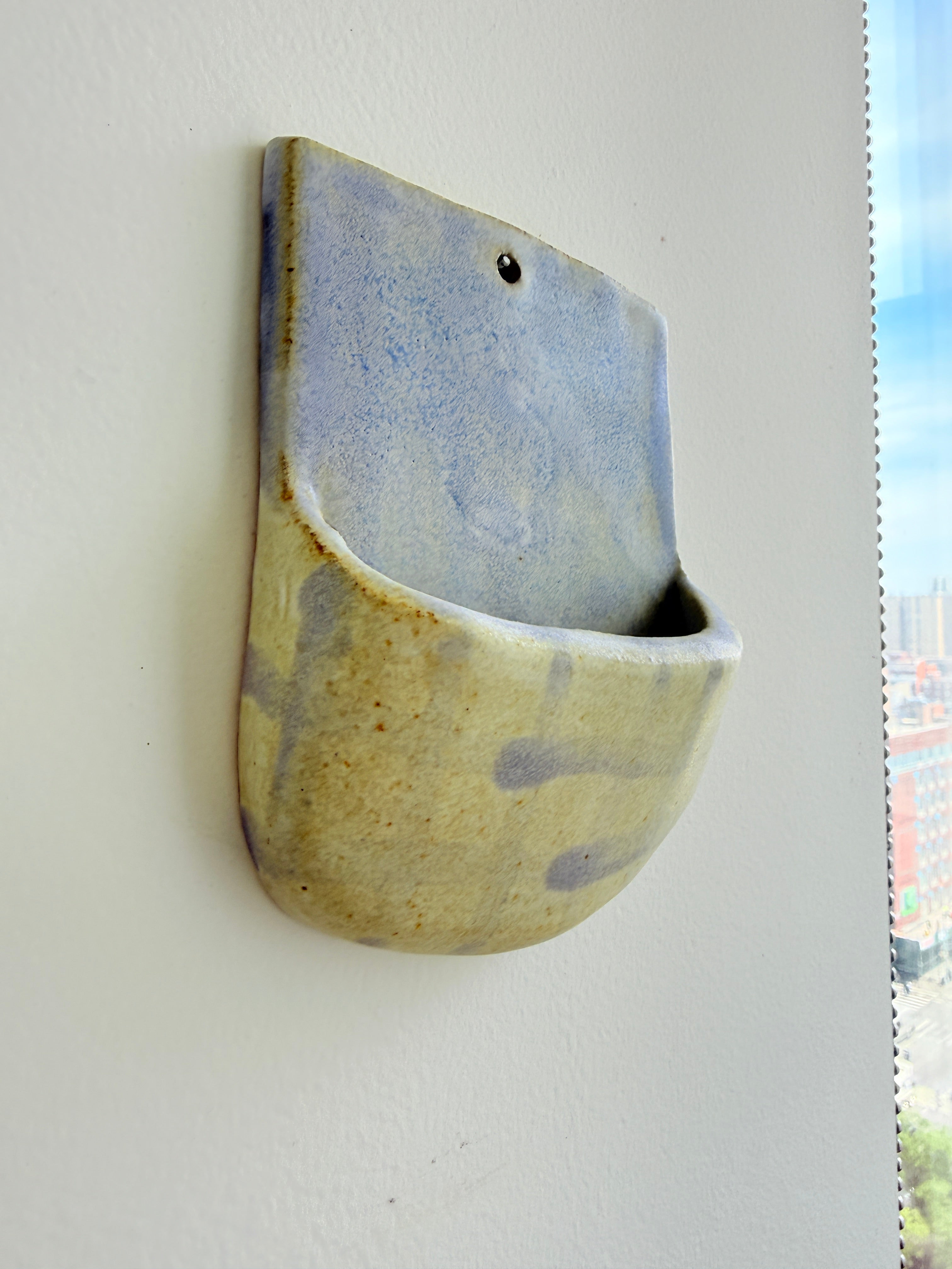Blue & Cream Ceramic Wall Pocket — Handbuilt Stoneware Hanging Planter or Organizer