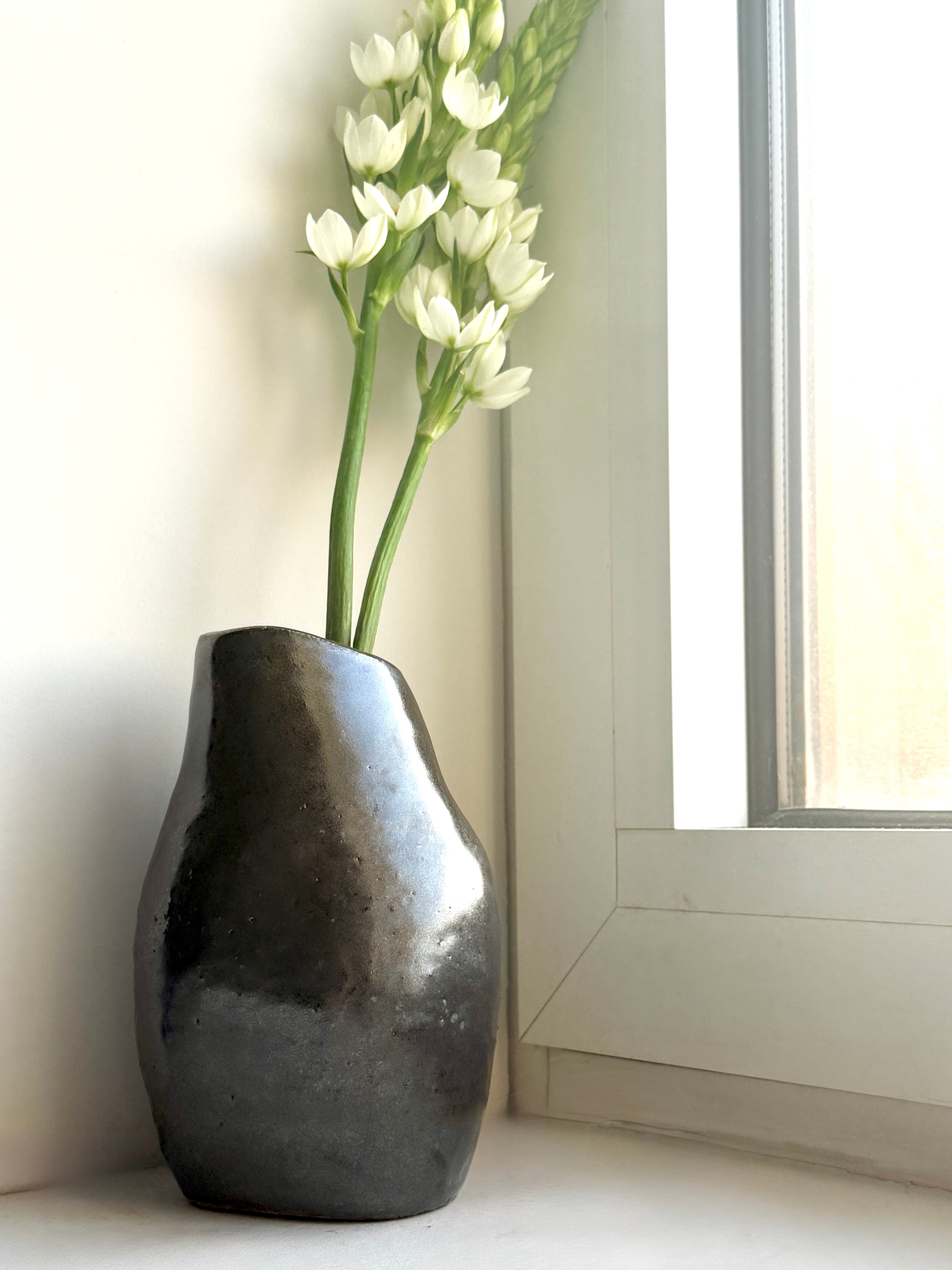 Graphite Metallic Ceramic Vase — Large Handbuilt Stoneware Statement Piece