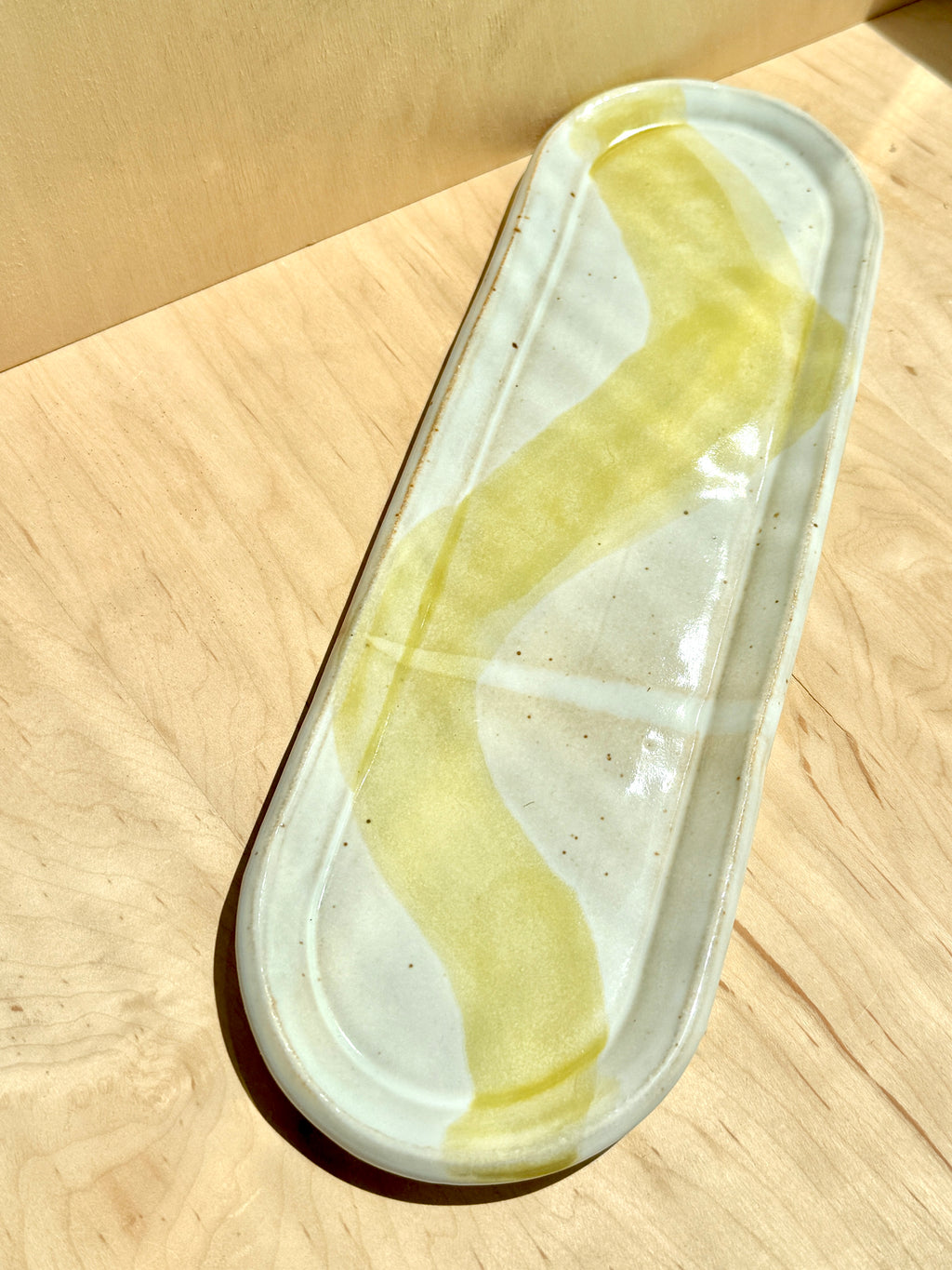 White & Chartreuse Ceramic Oval Tray — Handbuilt Stoneware with Wave Glaze