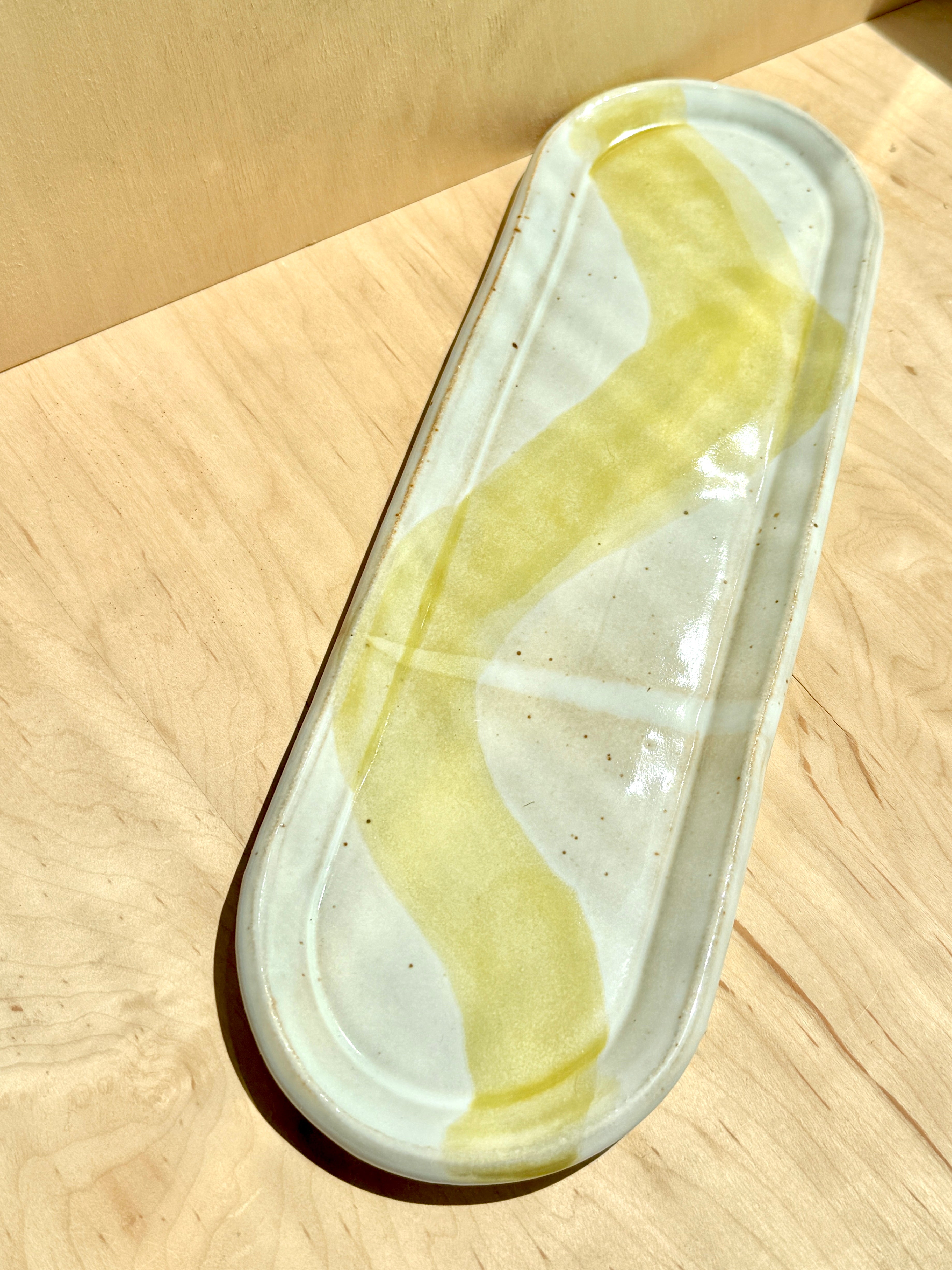 White & Chartreuse Ceramic Oval Tray — Handbuilt Stoneware with Wave Glaze
