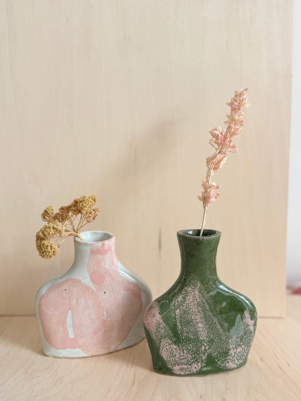 White & Pink / Green & Pink Ceramic Bud Vase — Handbuilt Stoneware