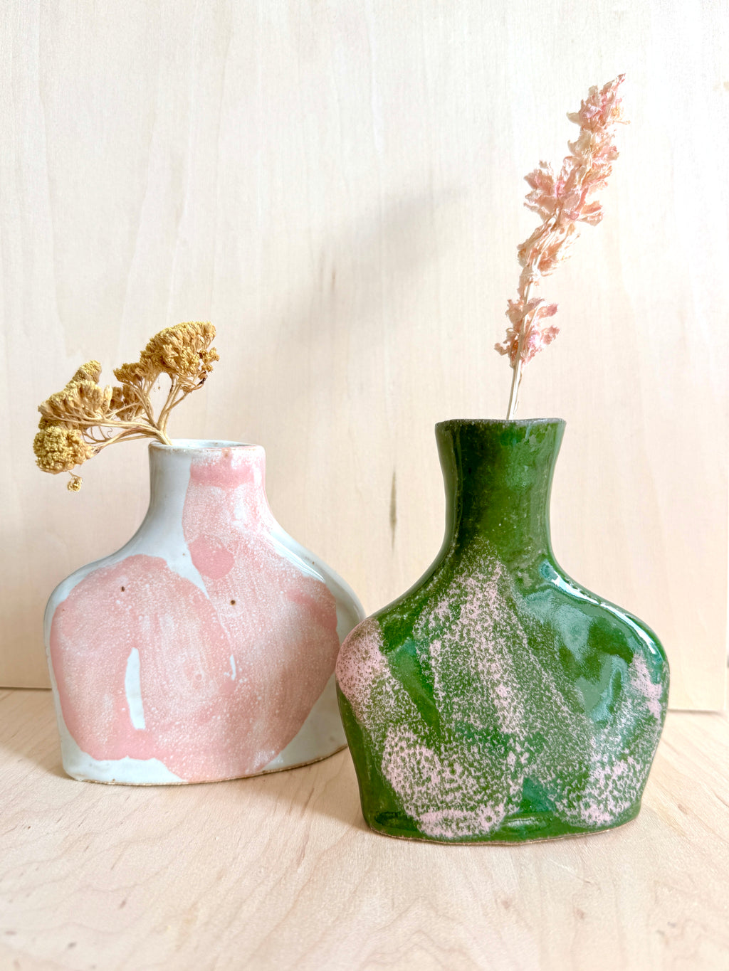 White & Pink / Green & Pink Ceramic Bud Vase — Handbuilt Stoneware
