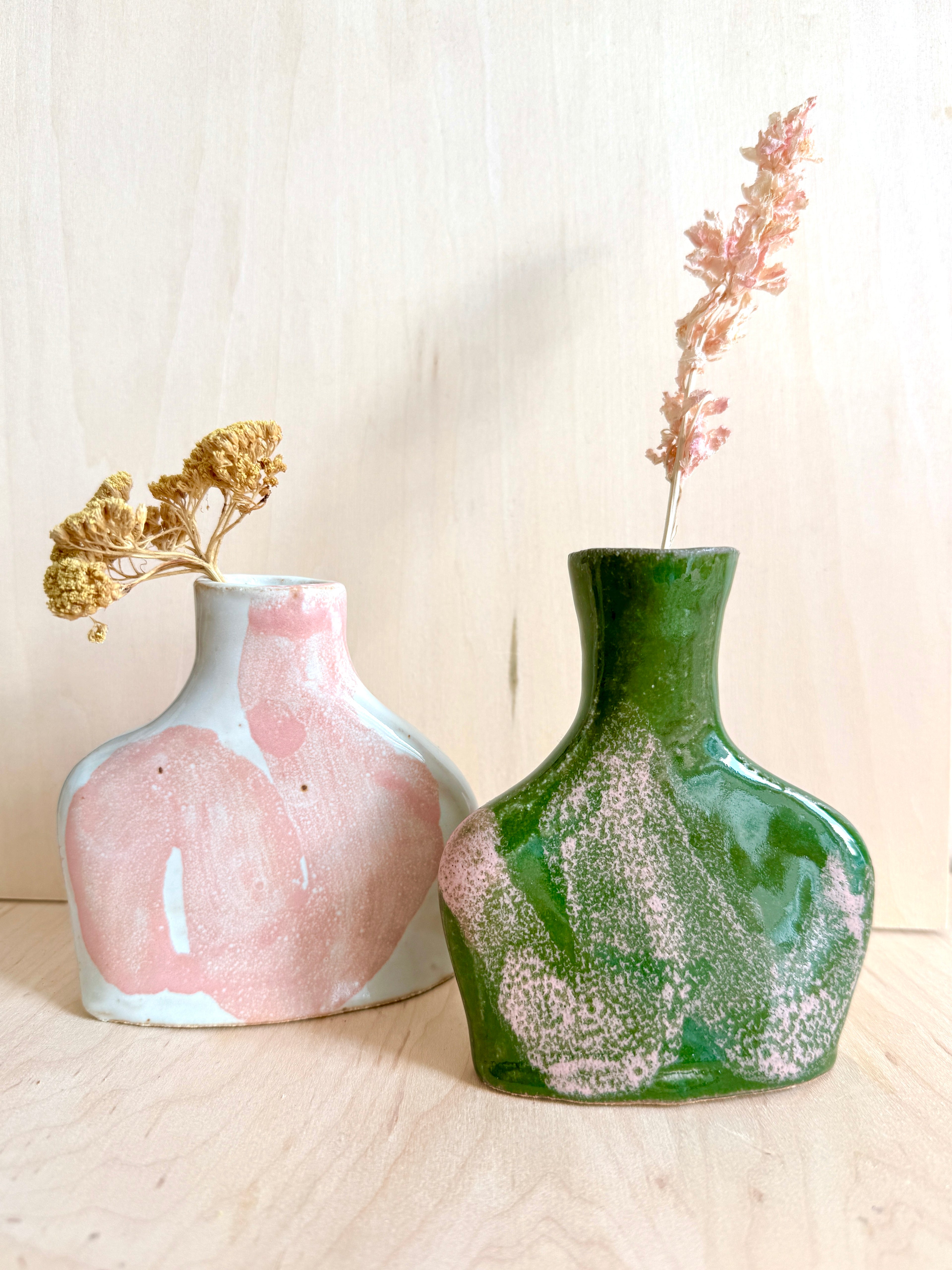 White & Pink / Green & Pink Ceramic Bud Vase — Handbuilt Stoneware
