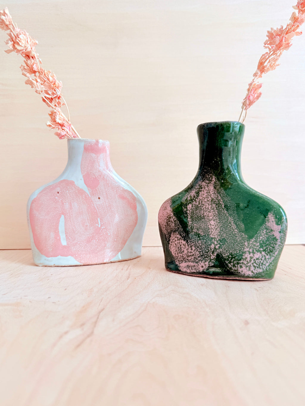 White & Pink / Green & Pink Ceramic Bud Vase — Handbuilt Stoneware