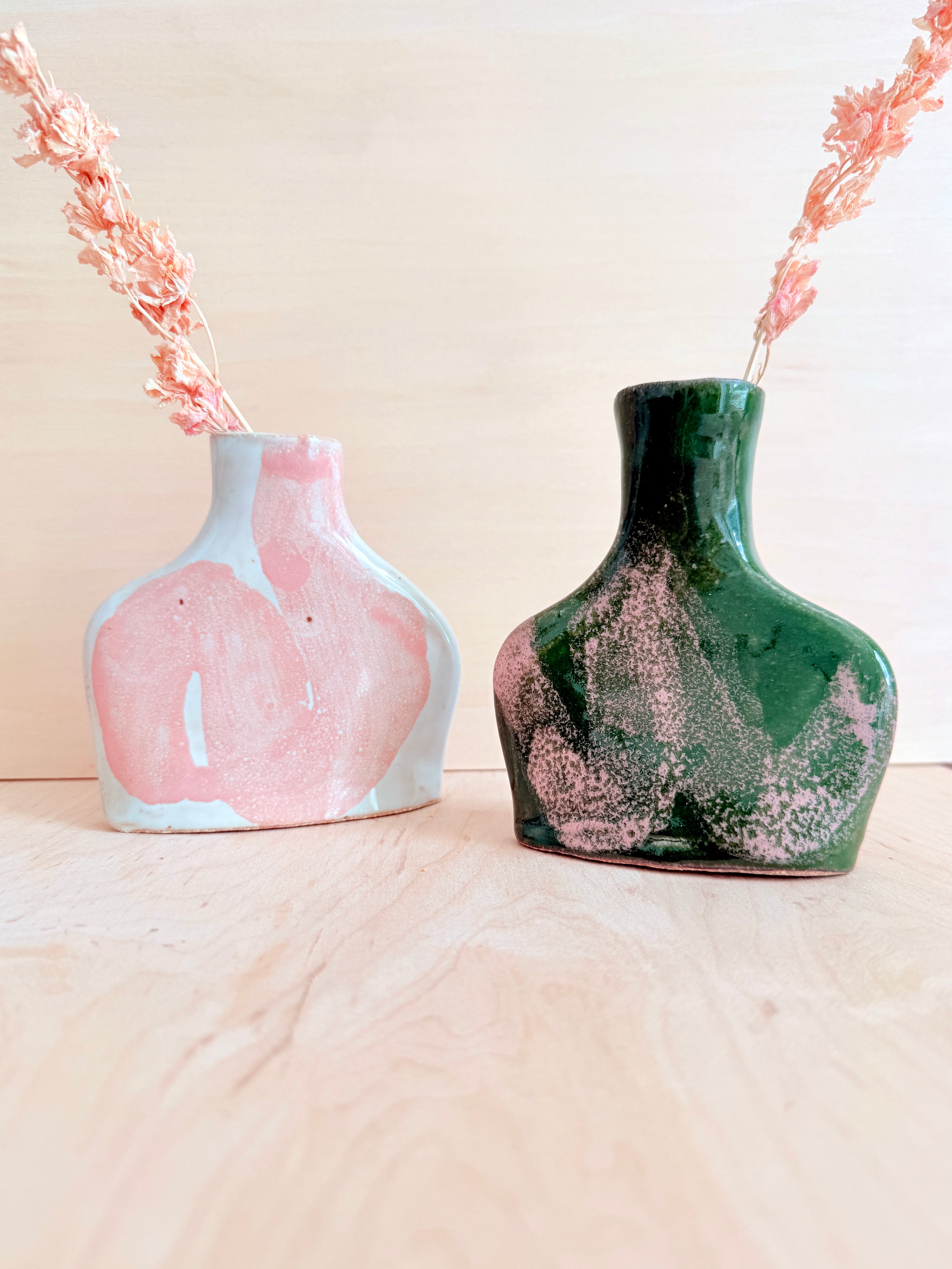 White & Pink / Green & Pink Ceramic Bud Vase — Handbuilt Stoneware