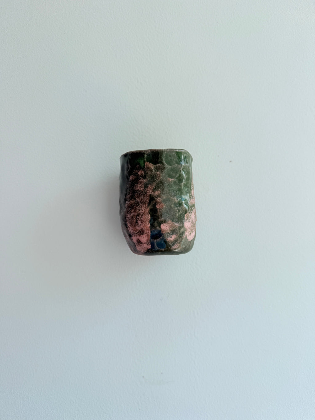 Green & Pink Ceramic Wall Planter — Handbuilt Stoneware Pocket Planter