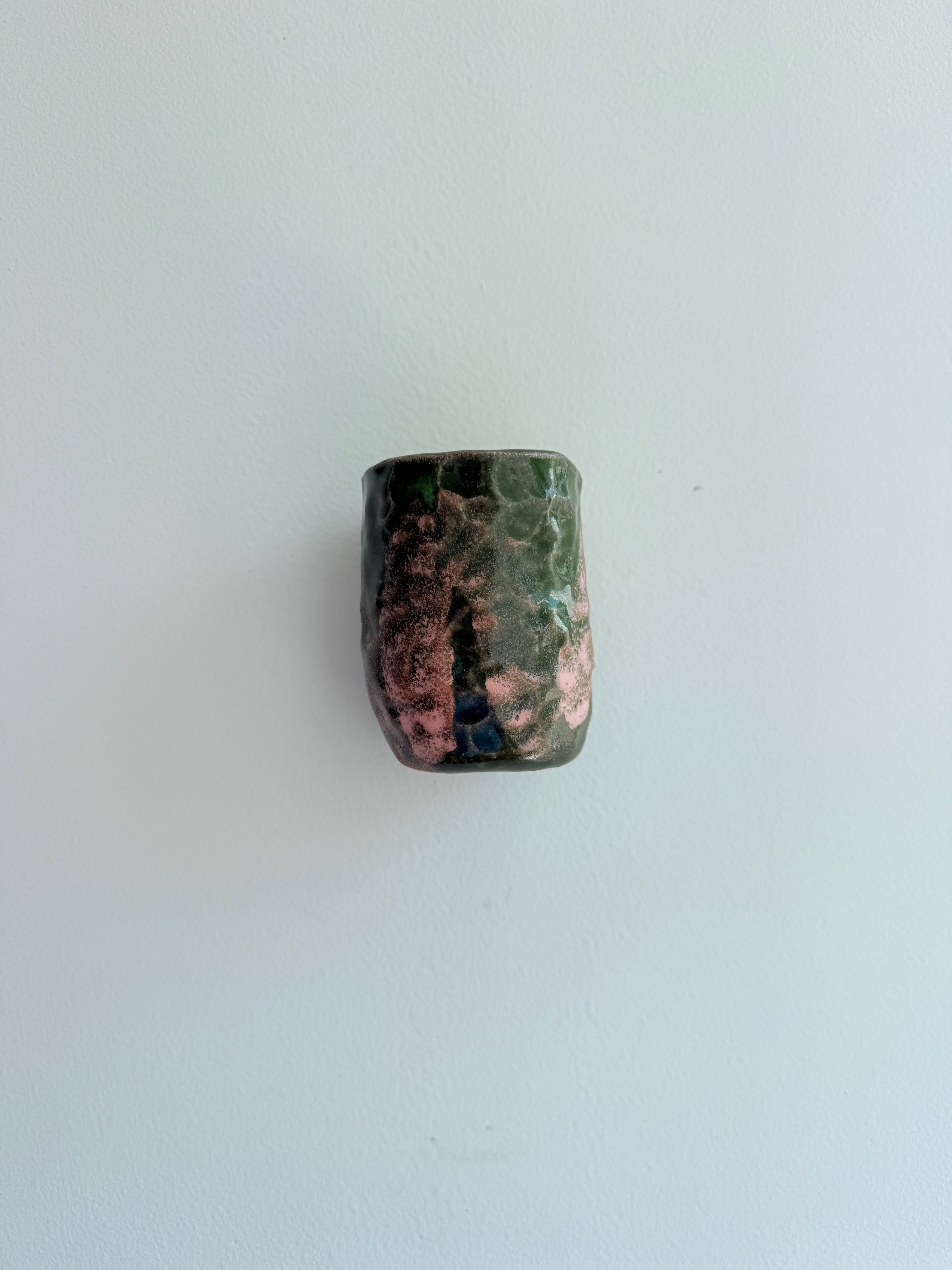 Green & Pink Ceramic Wall Planter — Handbuilt Stoneware Pocket Planter