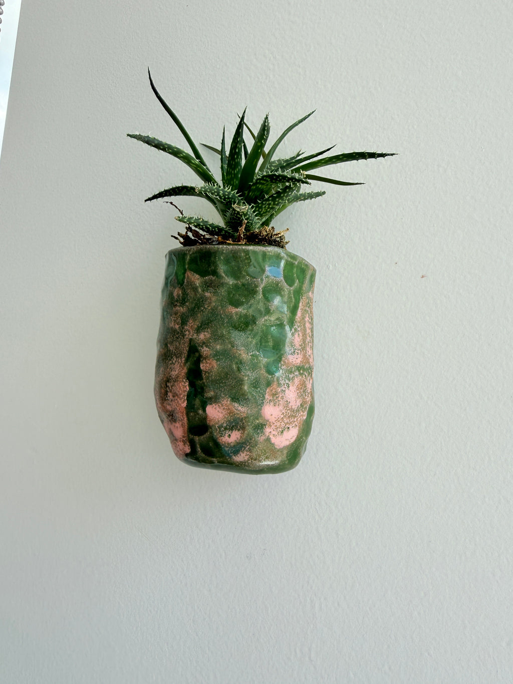 Green & Pink Ceramic Wall Planter — Handbuilt Stoneware Pocket Planter