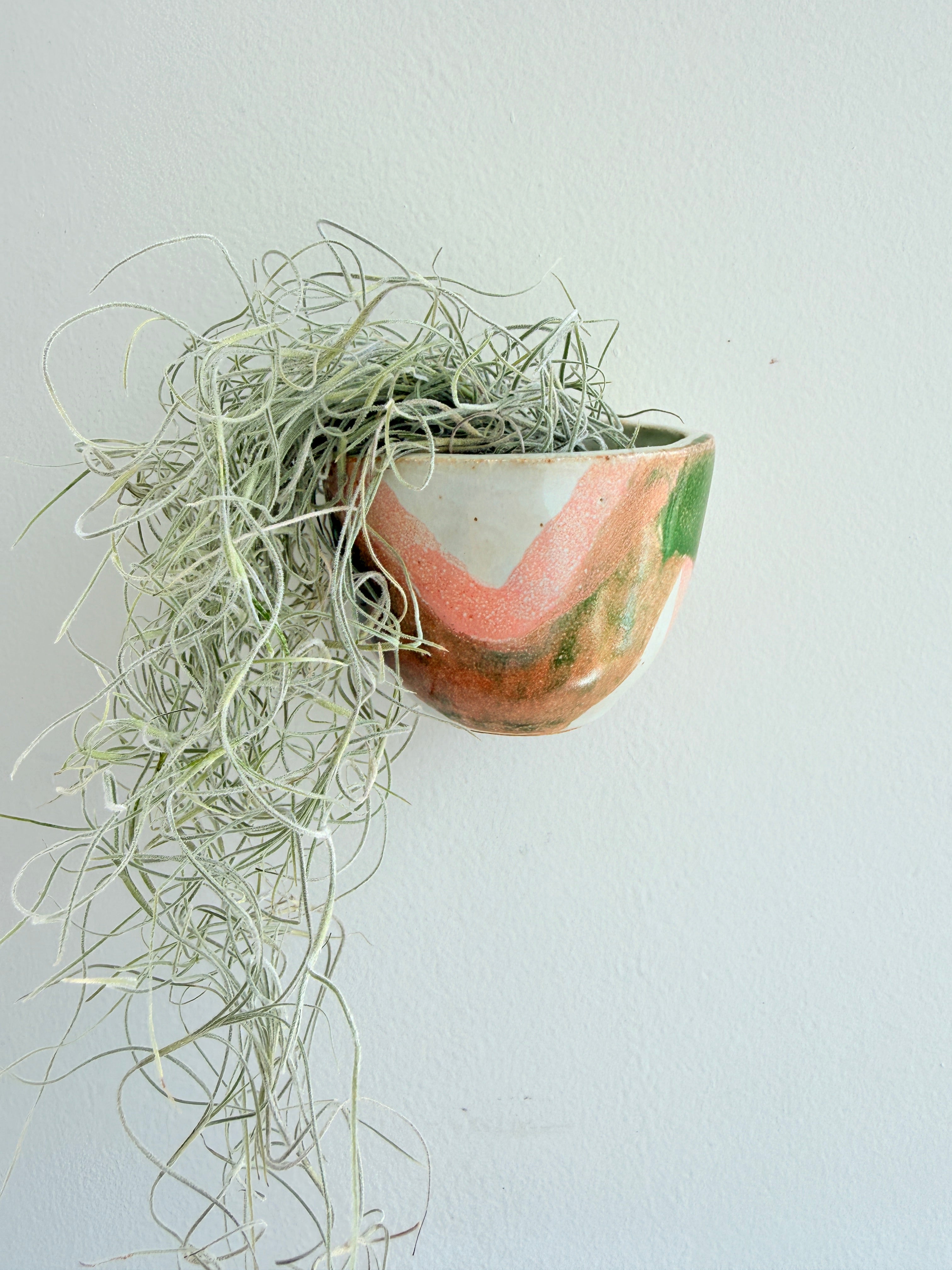 White & Pink / Green & Pink Ceramic Wall Planter — Handbuilt Stoneware