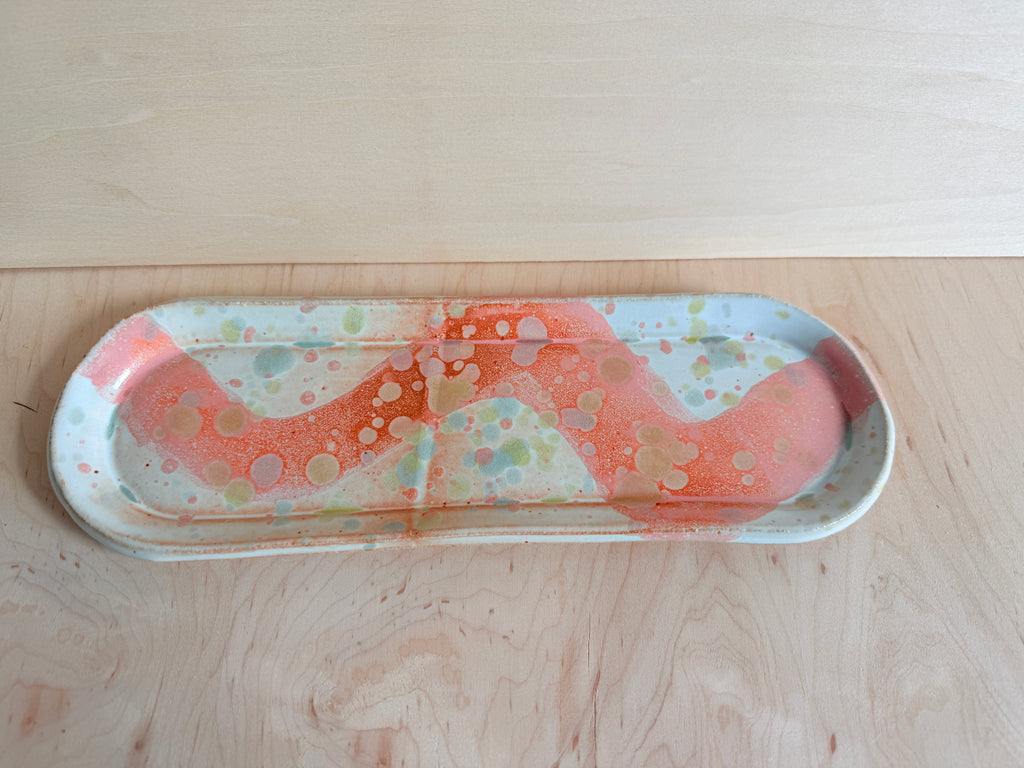 Pink & White Confetti Ceramic Oval Tray — Handbuilt Stoneware with Wave Glaze