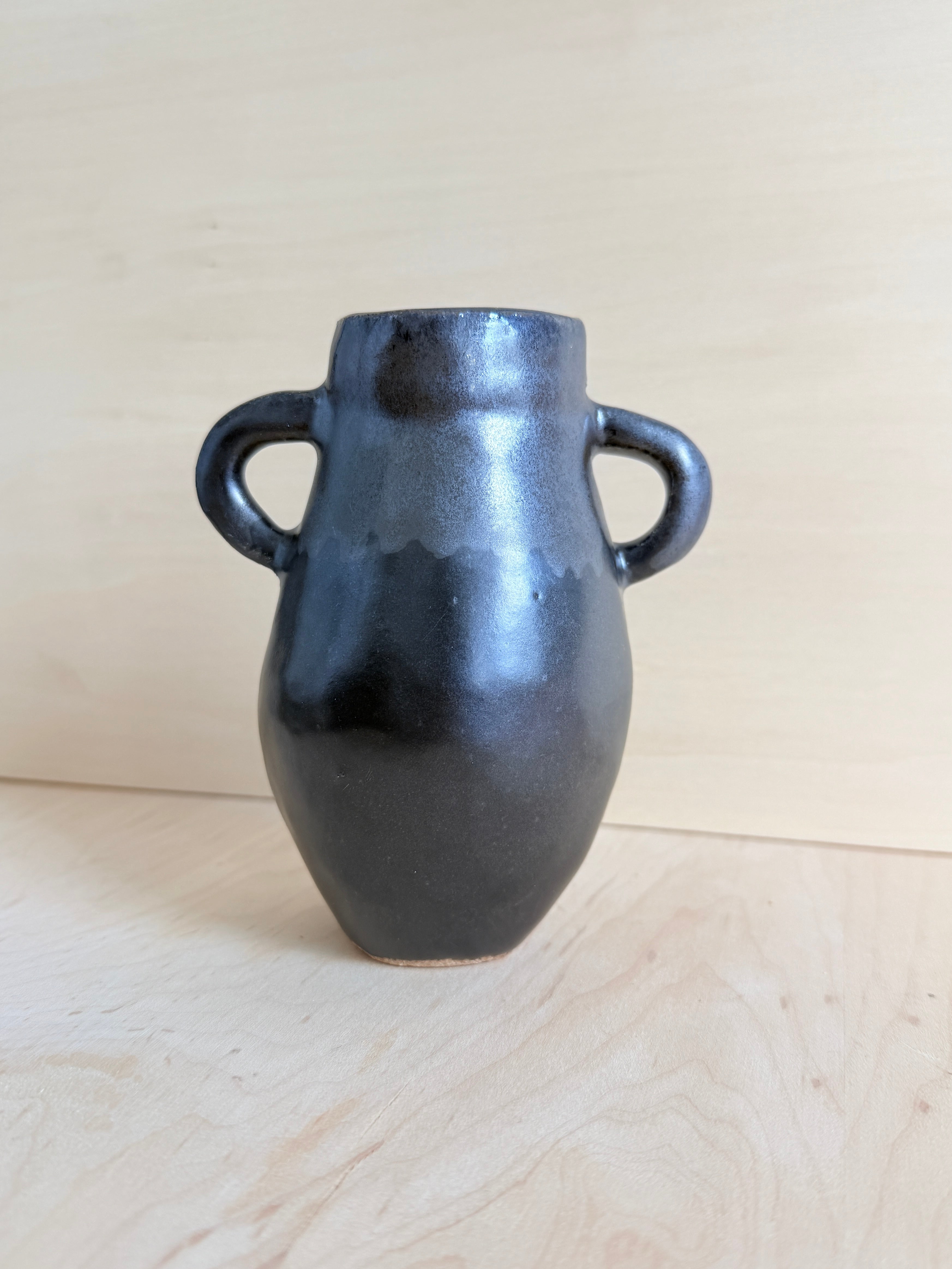 Metallic Black Ceramic Amphora Vase — Handbuilt Stoneware with Double Handles