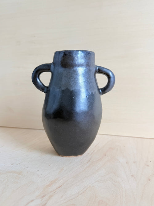 Metallic Black Ceramic Amphora Vase — Handbuilt Stoneware with Double Handles