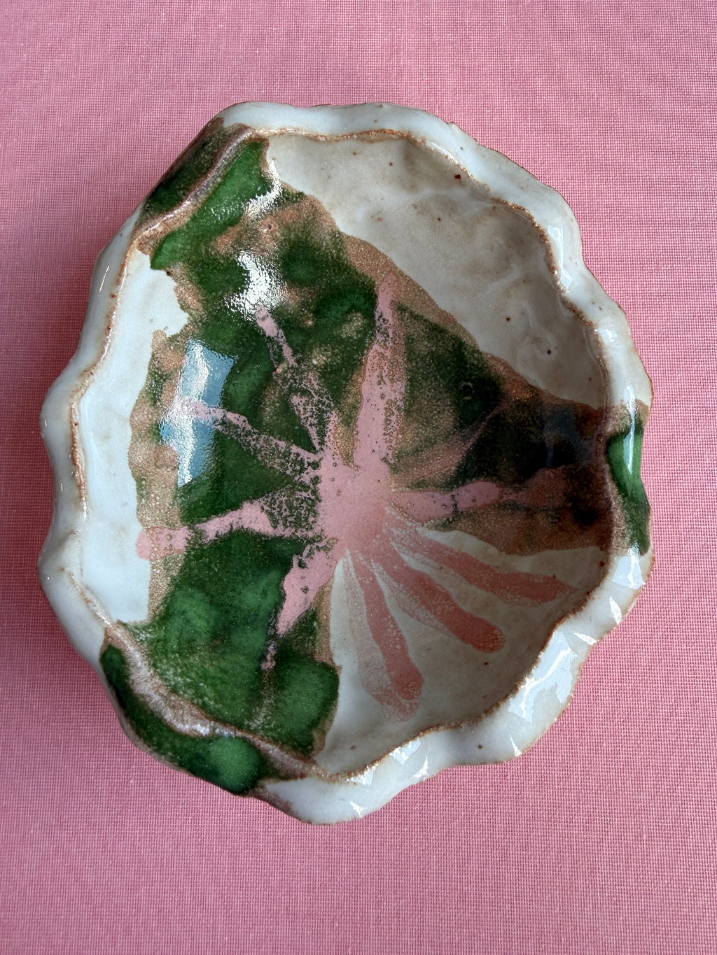 Green & Pink Floral Ceramic Trinket Bowl — Handbuilt Stoneware