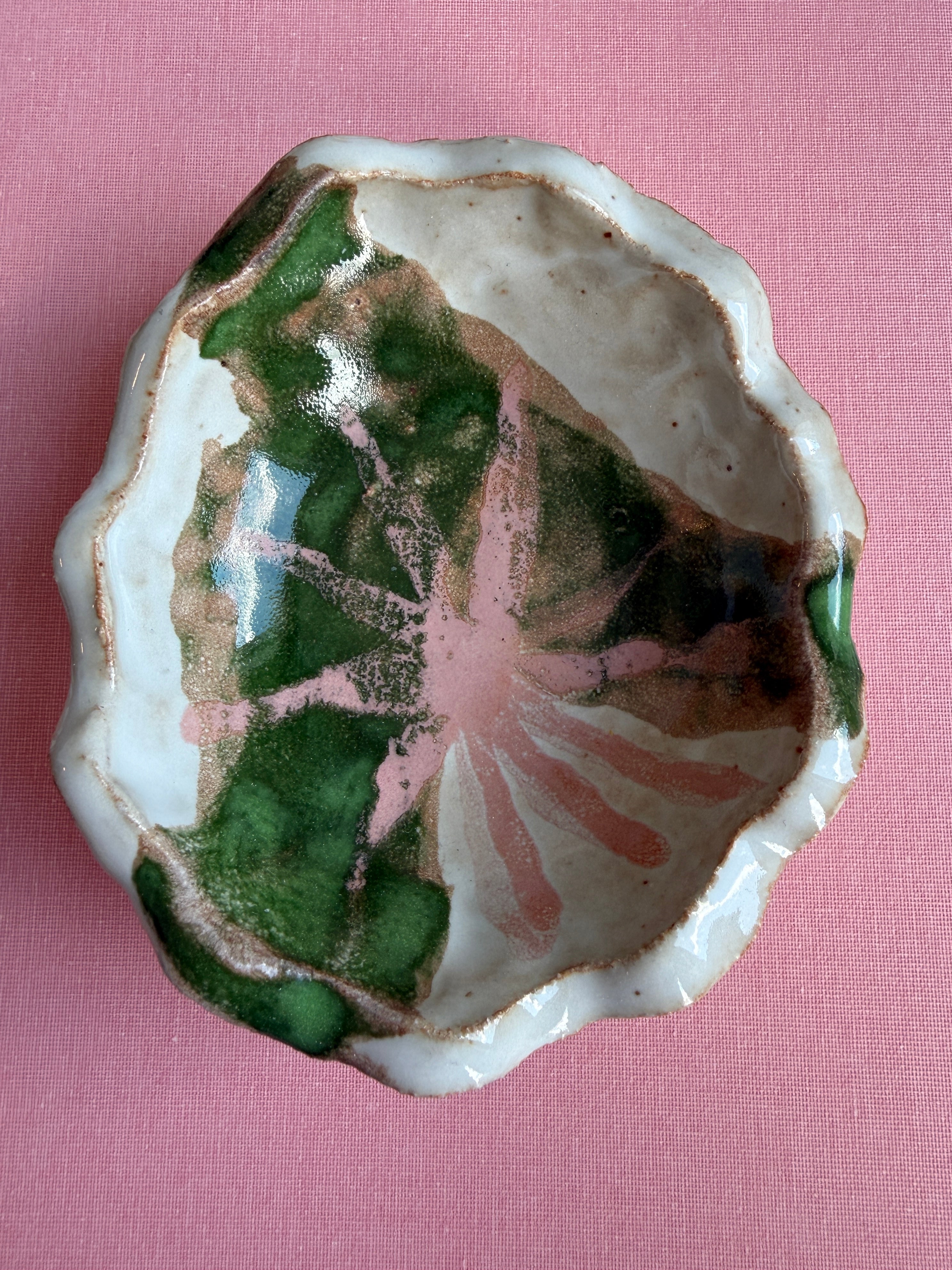 Green & Pink Floral Ceramic Trinket Bowl — Handbuilt Stoneware