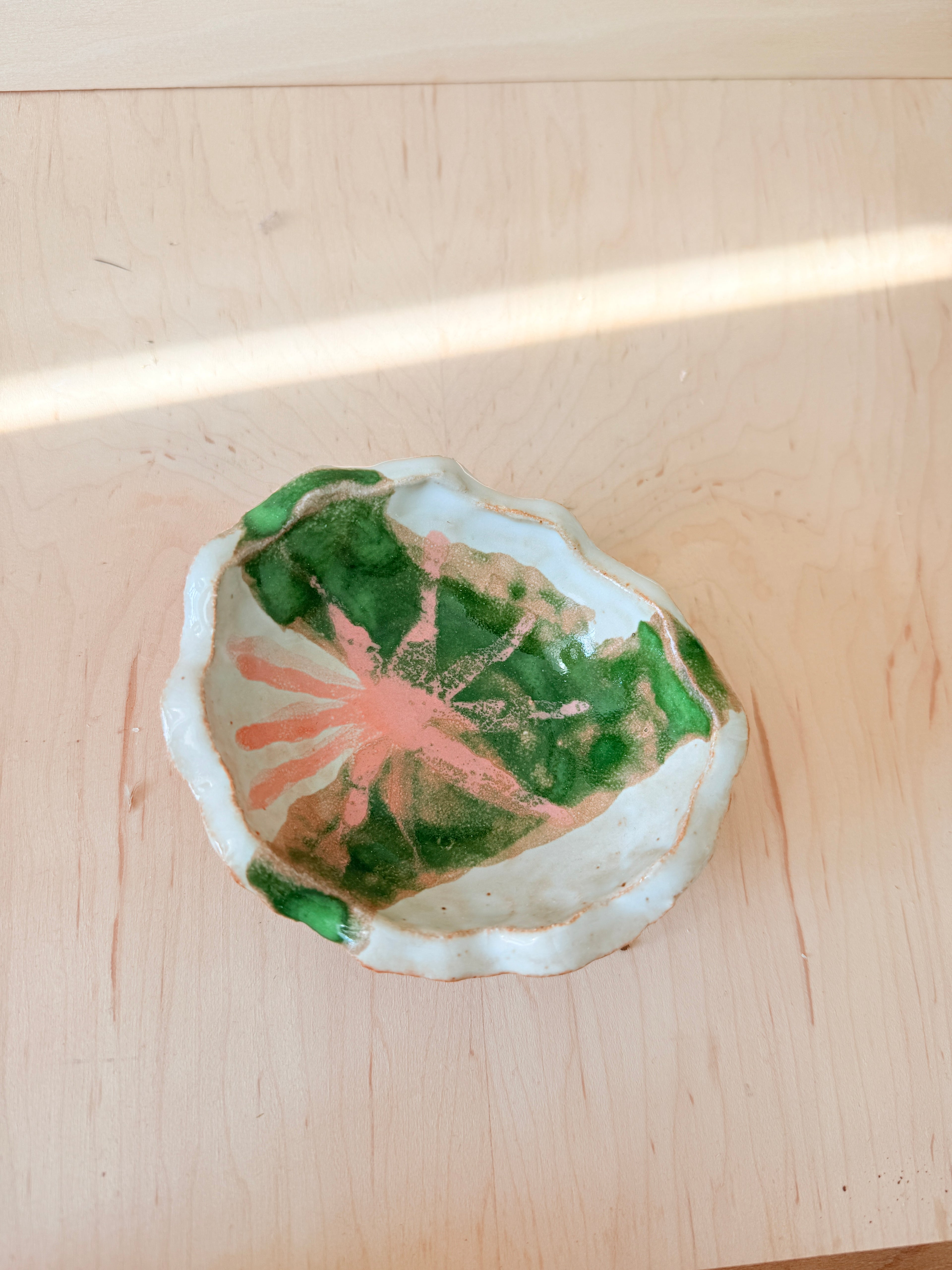 Green & Pink Floral Ceramic Trinket Bowl — Handbuilt Stoneware