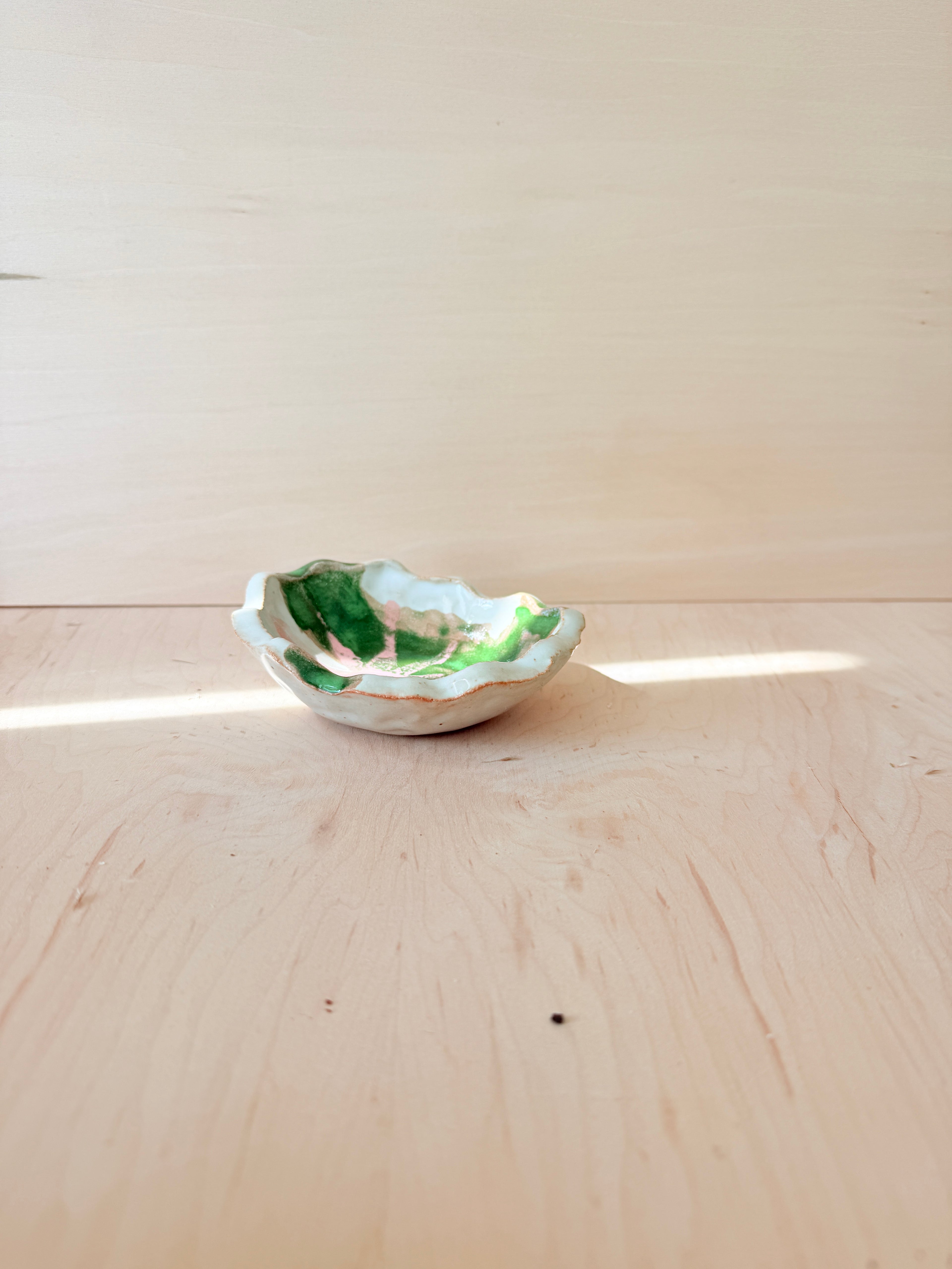 Green & Pink Floral Ceramic Trinket Bowl — Handbuilt Stoneware