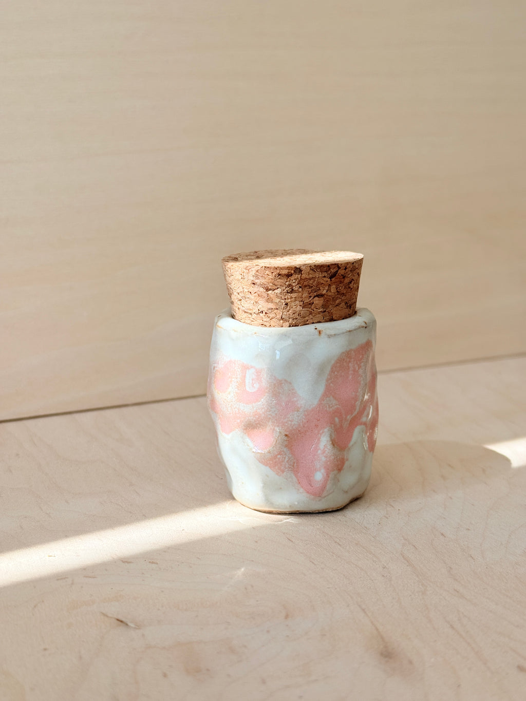 White & Pink Ceramic Mini Vessel — Handbuilt Stoneware with Cork Stopper