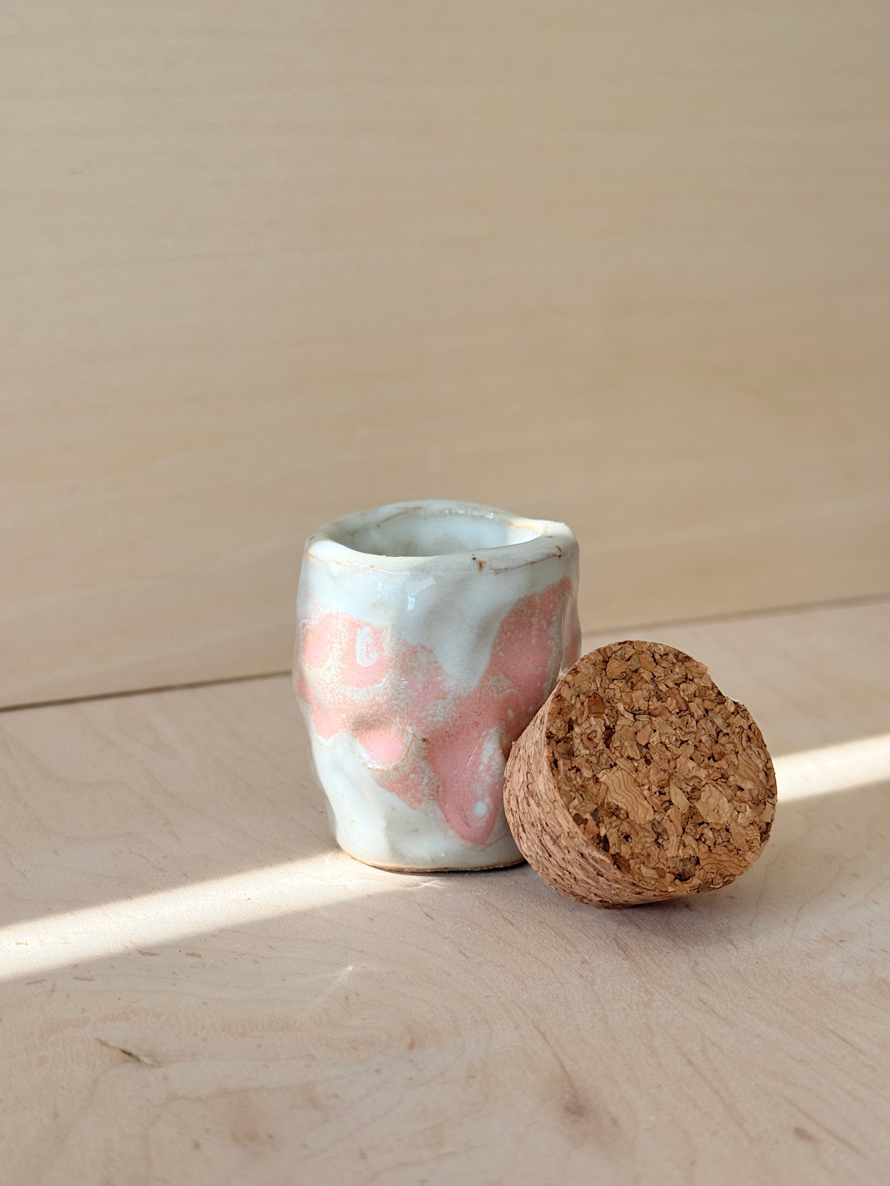 White & Pink Ceramic Mini Vessel — Handbuilt Stoneware with Cork Stopper