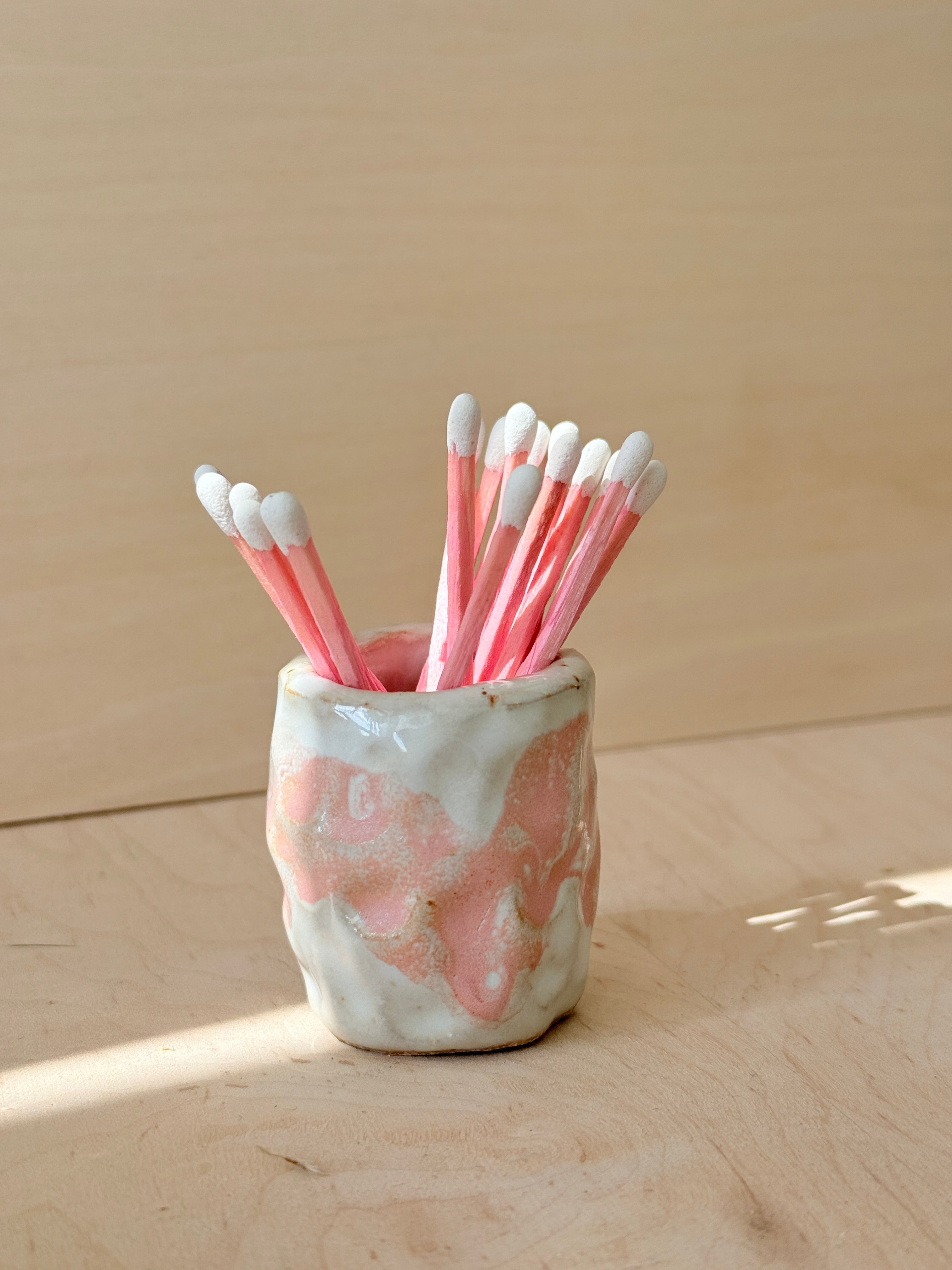 White & Pink Ceramic Mini Vessel — Handbuilt Stoneware with Cork Stopper