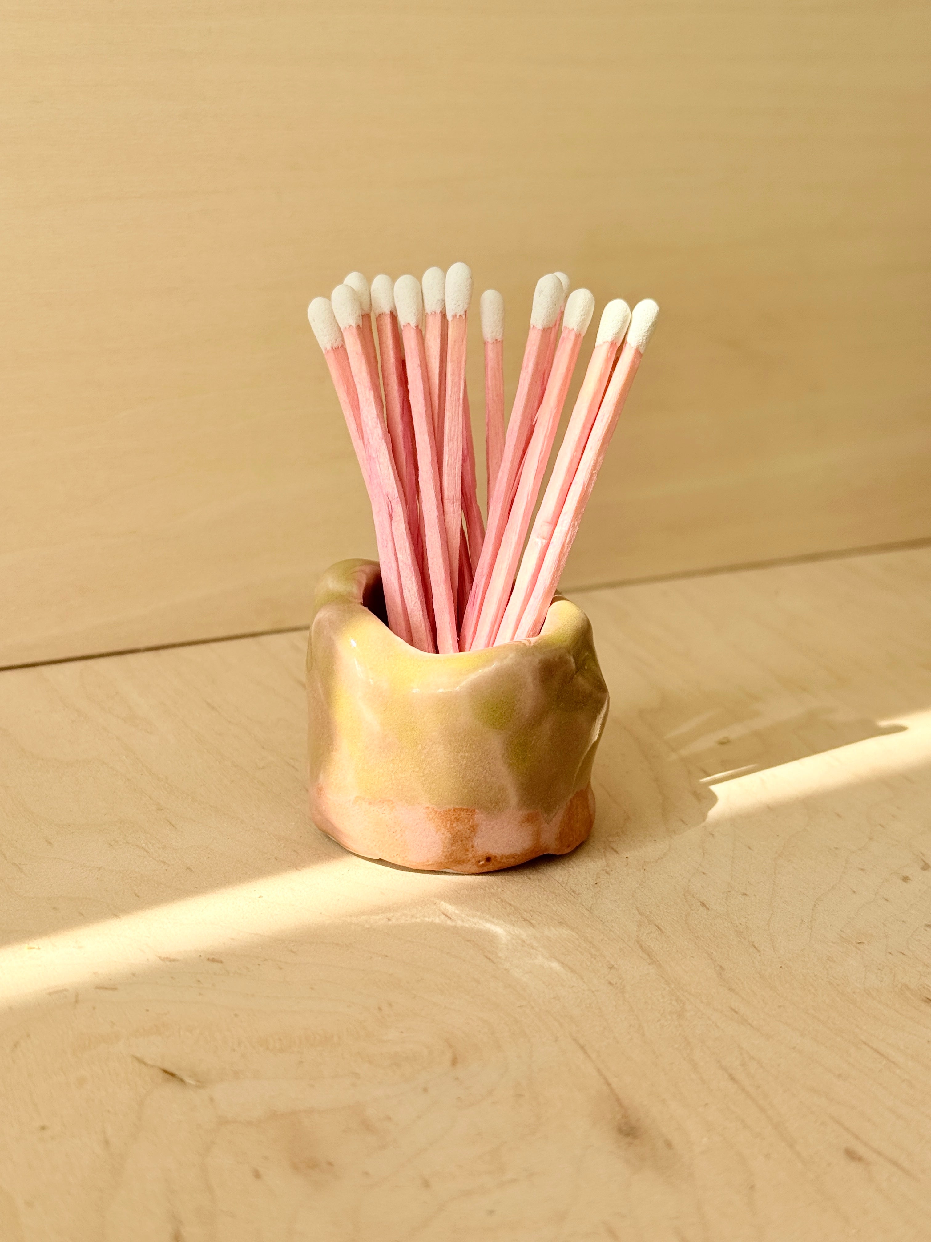 Pink & Green Ceramic Match Holder — Handbuilt Stoneware, Comes with Matches