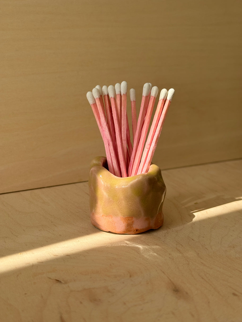 Pink & Green Ceramic Match Holder — Handbuilt Stoneware, Comes with Matches